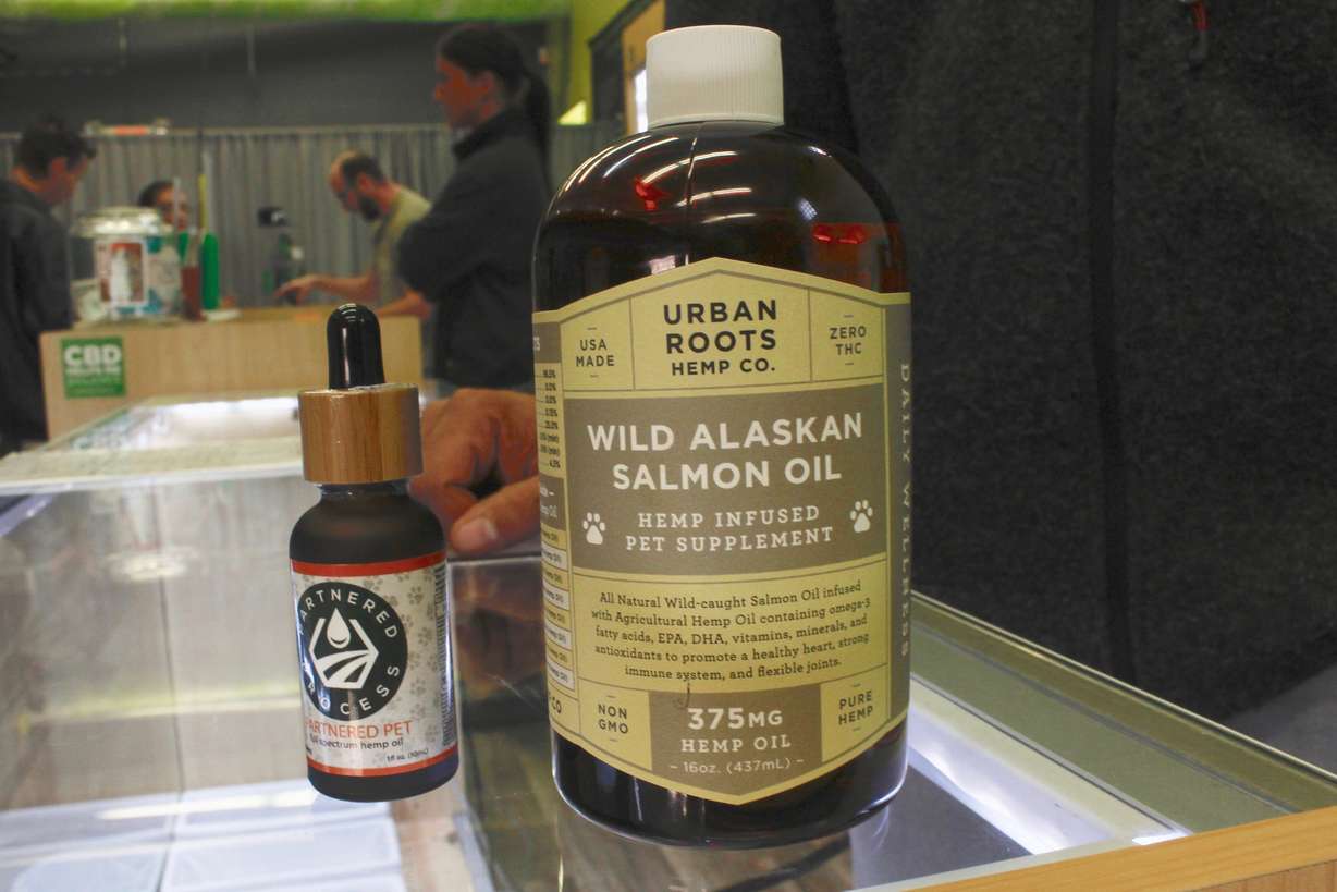 This Oct. 17, 2019 photo taken at the CBD dispensary Laughing Grass in West Allis, Wis. shows various CBD products for pets. Photo: Carrie Antifinger, AP Photo