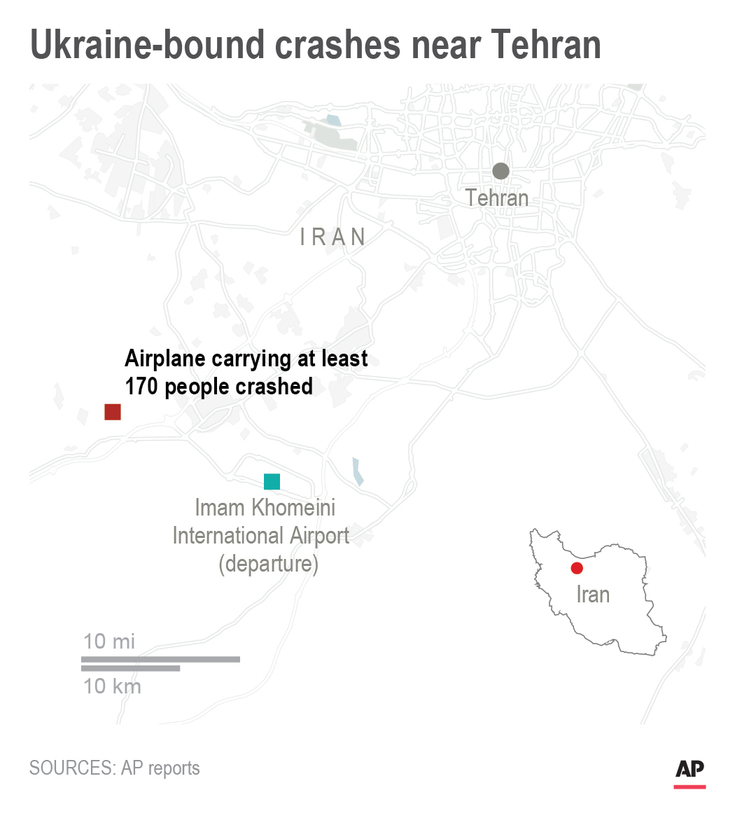 Map shows Ukraine-bound airplane crash near Tehran, Iran. (Photo: AP)