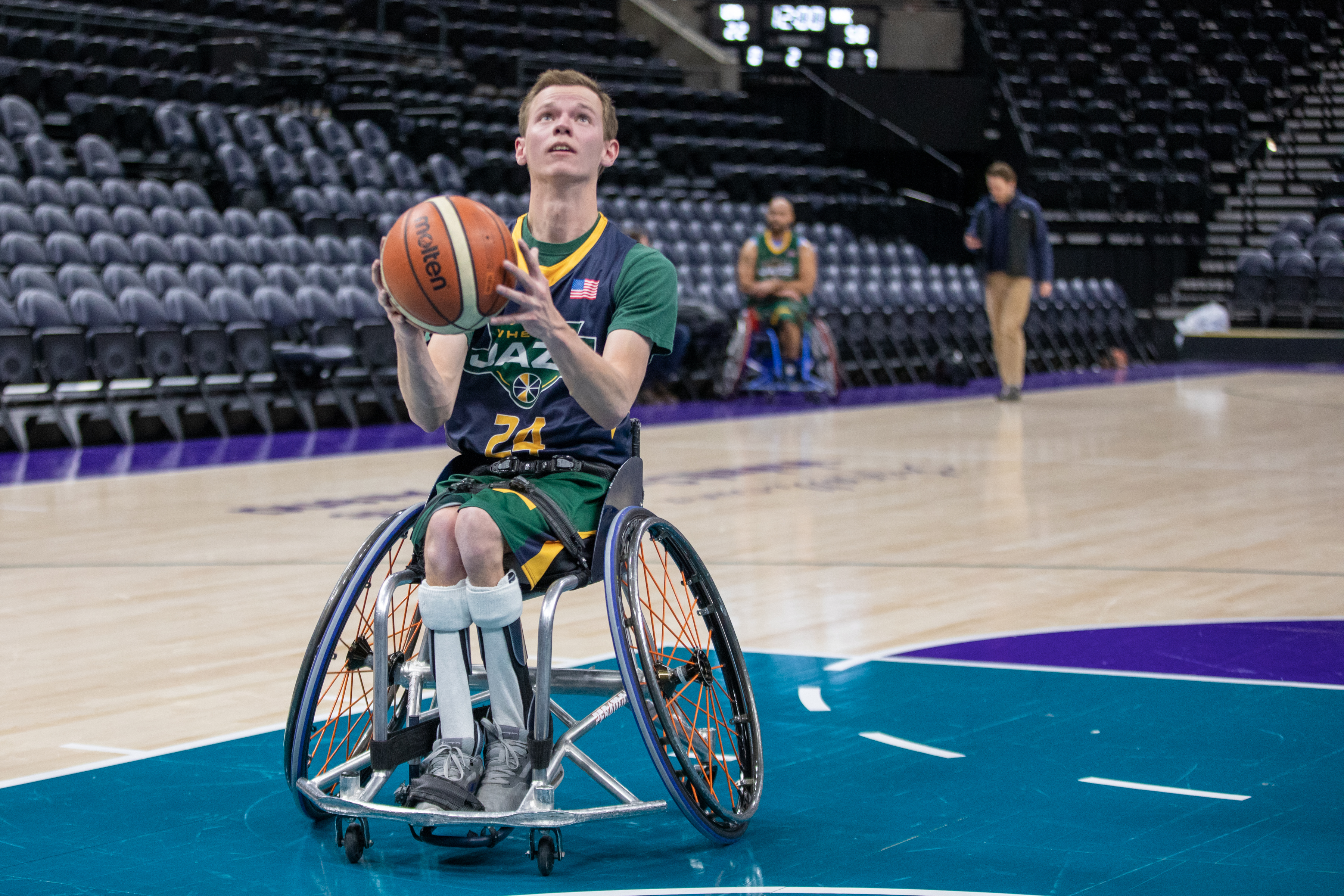 Spencer Heslop shoots the ball during a scrimmage on Tuesday, Jan. 7, 2020, at Vivint Arena. (Courtesy of Utah Jazz)