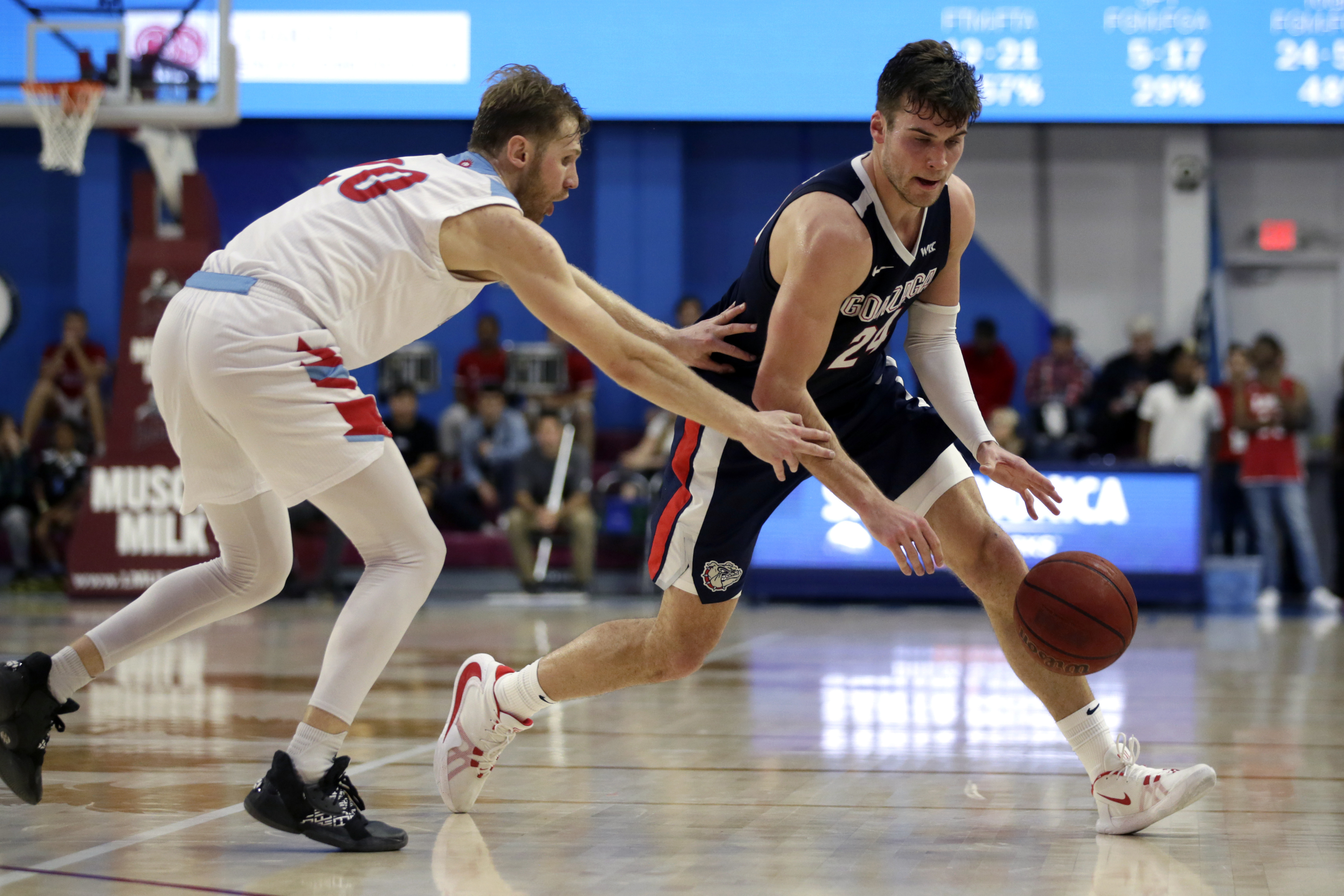 Loyola Marymount guard Erik Johansson, left, knocks the ball away from Gonzaga forward Corey Kispert, right, during the second half of an NCAA college basketball game in Los Angeles, Saturday, Jan. 11, 2020. (Photo: Alex Gallardo, AP)