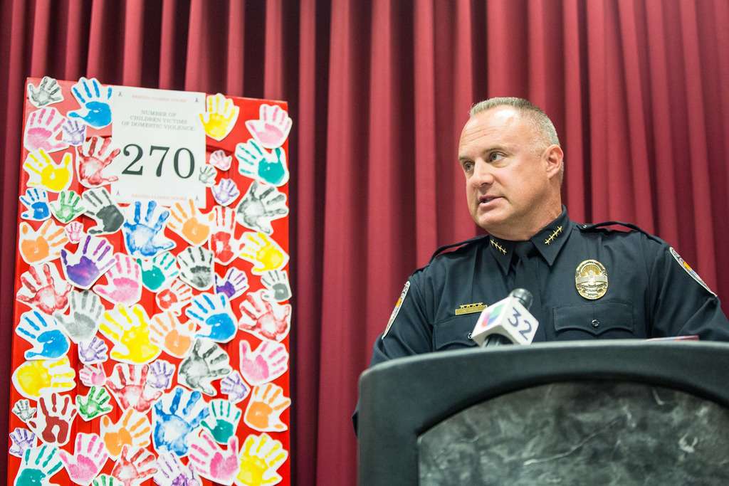 Sandy Police Chief William O’Neal delivers a speech at the Sandy City Justice Court on Monday, Oct. 15, 2018, to raise awareness of domestic violence. The chief died on Sunday. (Photo: Qiling Wang, KSL, File)