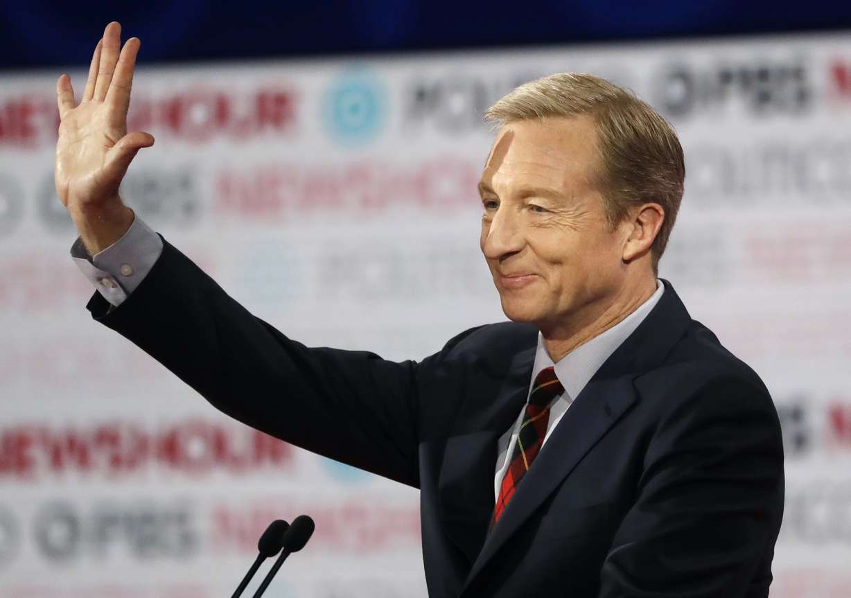 FILE - In this Dec. 19, 2019, file photo, Democratic presidential candidate businessman Tom Steyer waves before a Democratic presidential primary debate in Los Angeles, Calif. Photo: AP Photo