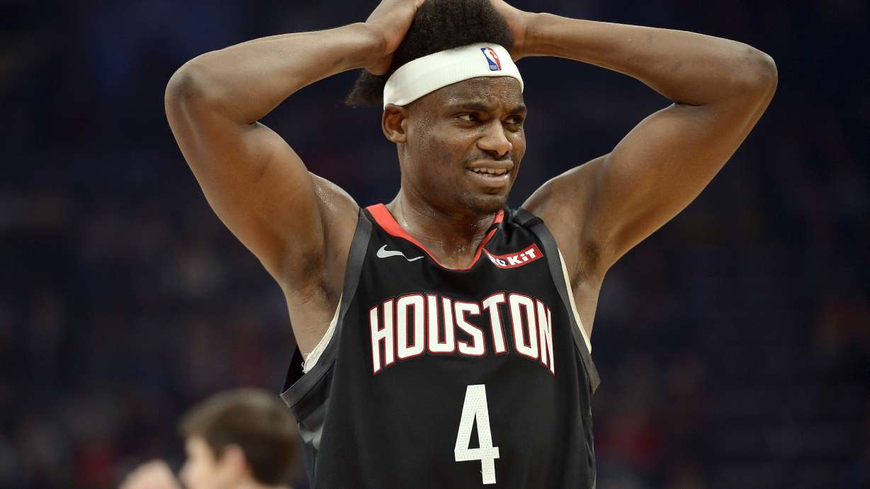 Houston Rockets forward Danuel House Jr. (4) reacts during the second half of the team's NBA basketball game against the Memphis Grizzlies on Tuesday, Jan. 14, 2020, in Memphis, Tenn.