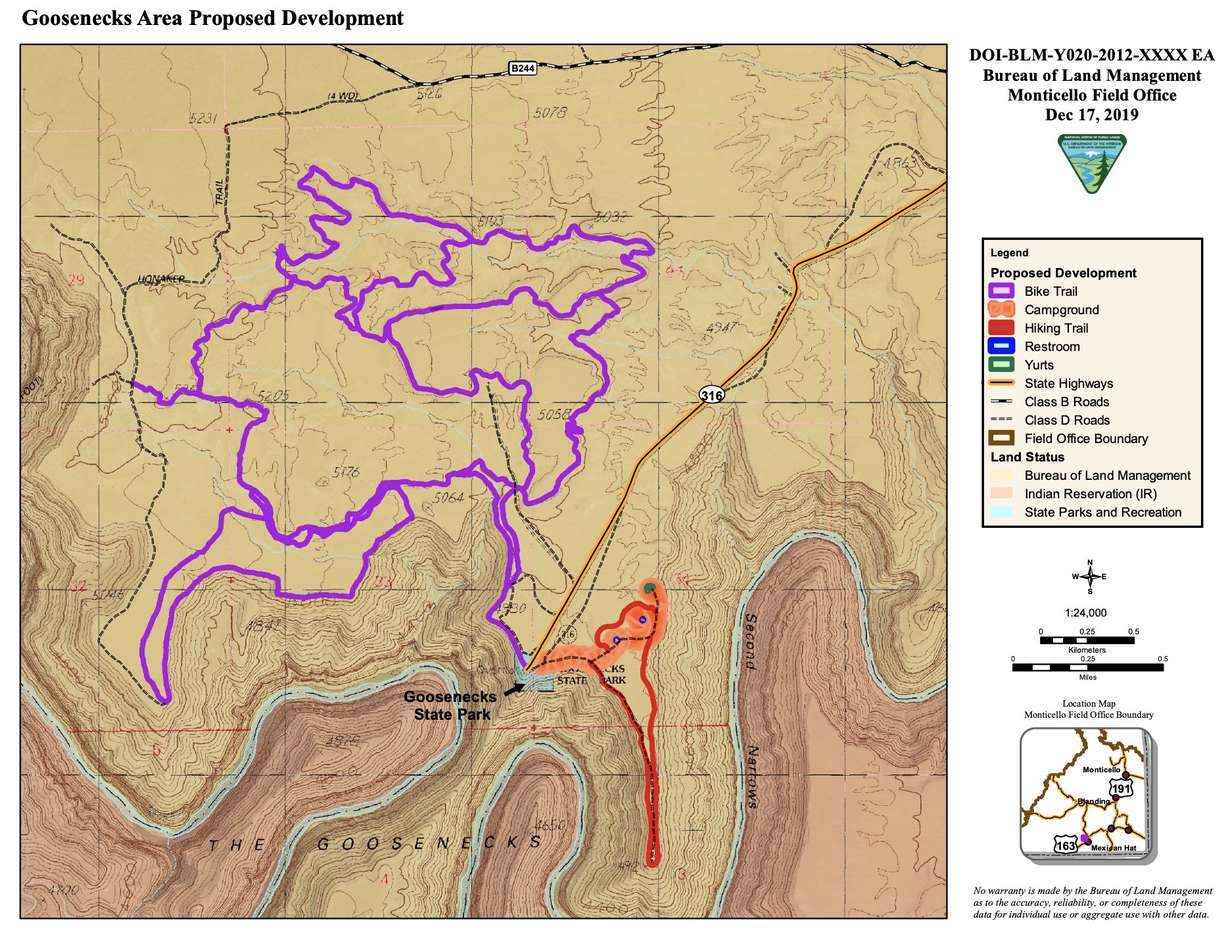 A map where the proposed campsites and trails would be on Bureau of Land Management land outside of Goosenecks State Park in San Juan County. (Graphic: Bureau of Land Management)