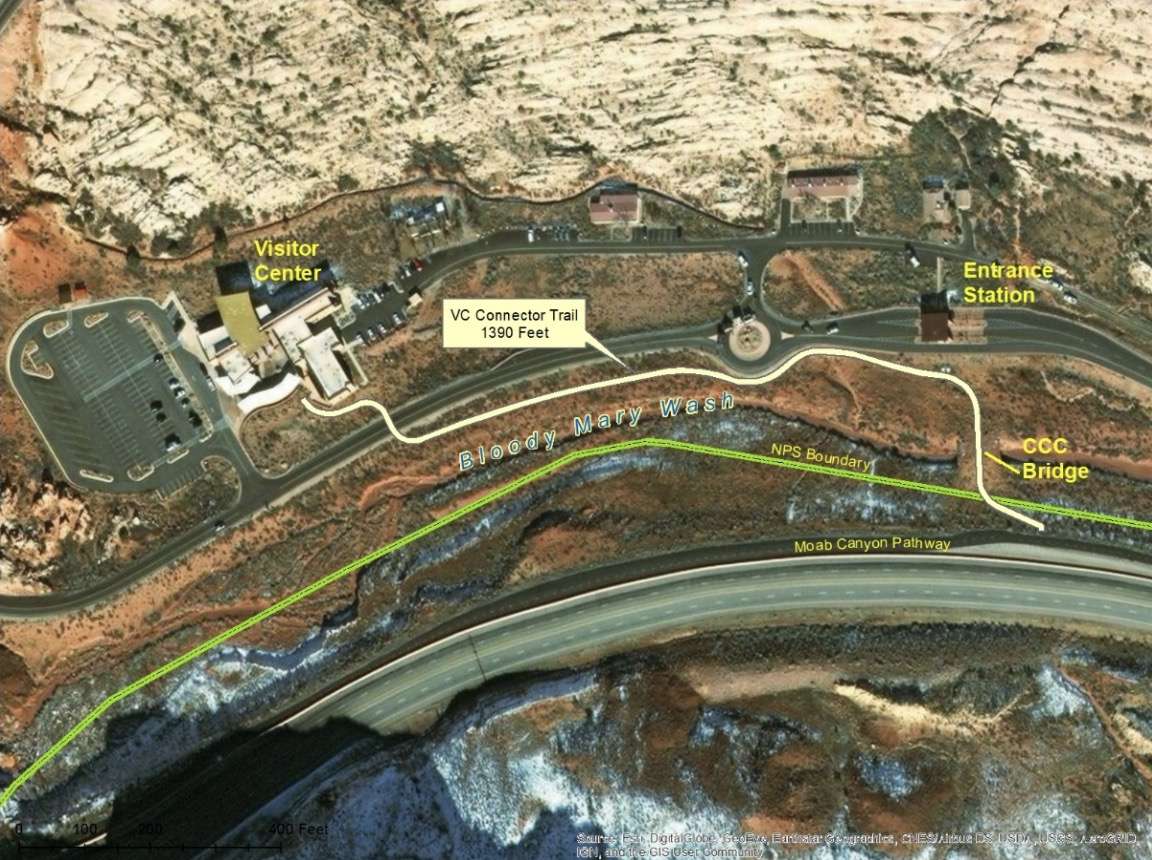 A map showing where the Visitor Center Connector Trail is outside of Arches National Park. The trail, which connects the Moab Canyon Pathway with the park's visitors center, was constructed in 2019 and is currently only open to pedestrians. (Graphic: National Park Service)
