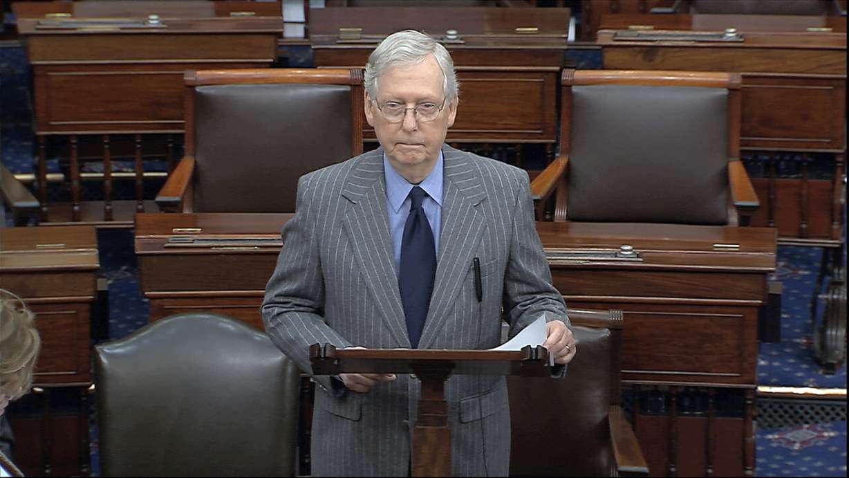 In this image from video, Senate Majority Leader Mitch McConnell of Ky., speaks after the Senate received the articles of impeachment against President Donald Trump from the House of Representatives at the Capitol in Washington, Wednesday, Jan. 15, 2020. Photo: Senate Television via AP