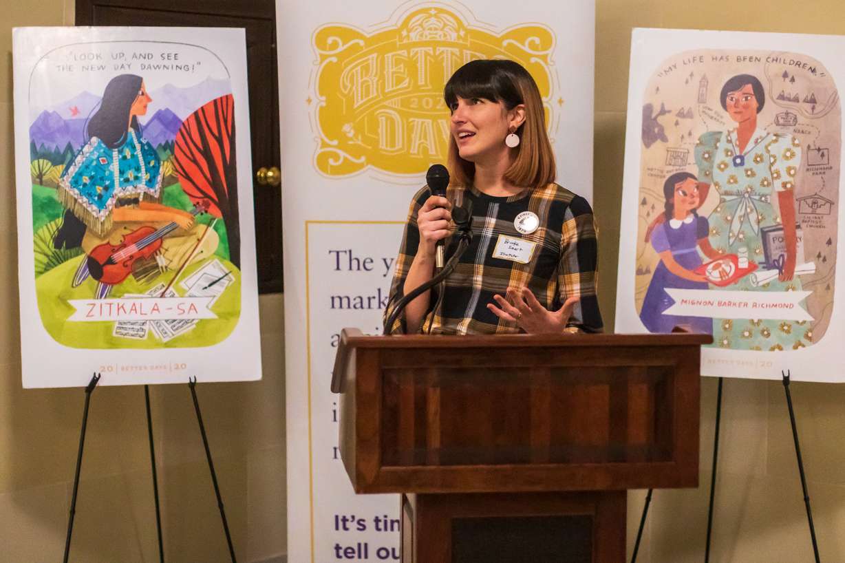 Utah artist Brooke Smart speaks about her illustrations on display at the Utah Capital during an event on Wednesday, Jan. 15, 2020. Her illustrations will remain on display throughout the year as Utah celebrates 150 years since women were given the right to vote and the U.S. celebrates 100 years since women across the country were given the right to vote. (Photo: Carter Williams, KSL.com)