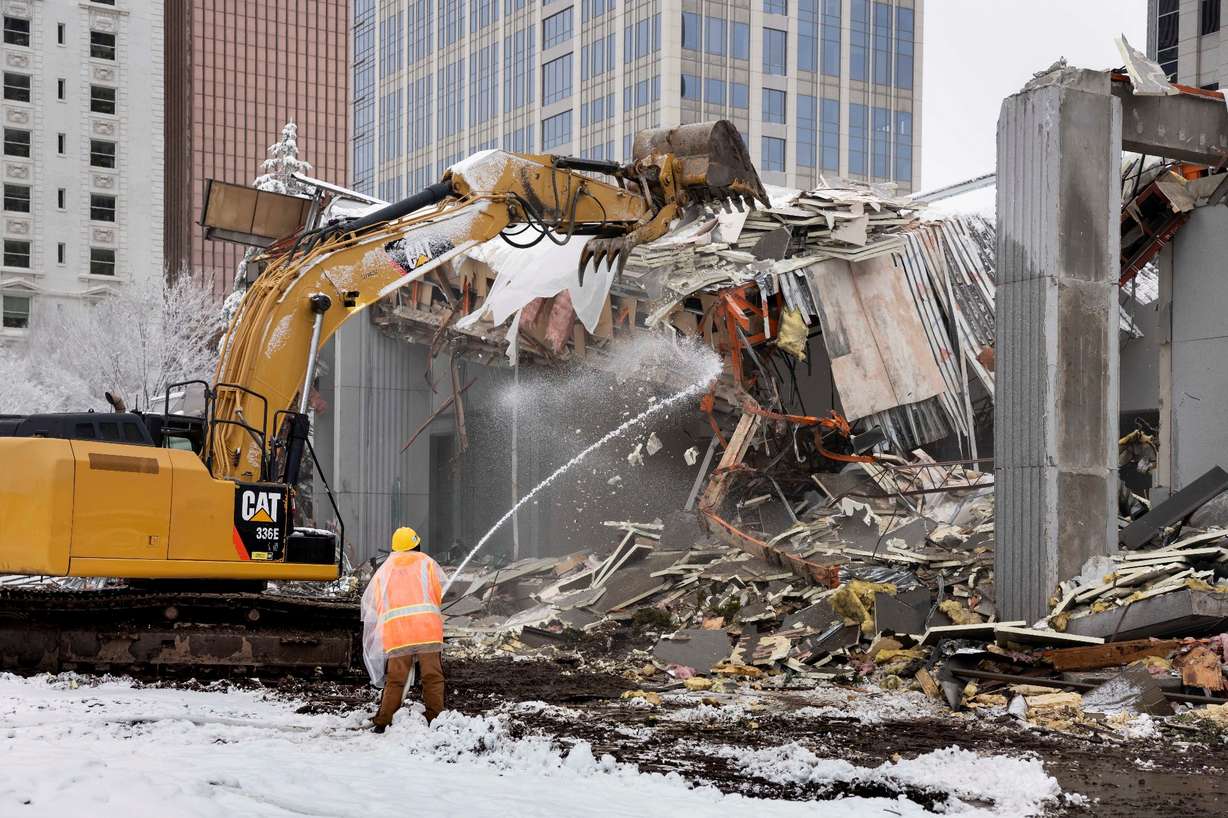 The Temple Square South Visitors’ Center is being demolished to give construction crews access to excavate around the Salt Lake Temple for the significant four-year-long renovation of the historic building, Friday, January 17, 2020.