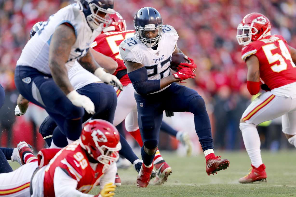 Tennessee Titans' Derrick Henry (22) runs during the first half of the NFL AFC Championship football game against the Kansas City Chiefs Sunday, Jan. 19, 2020, in Kansas City, MO. (Photo: Jeff Roberson, AP)