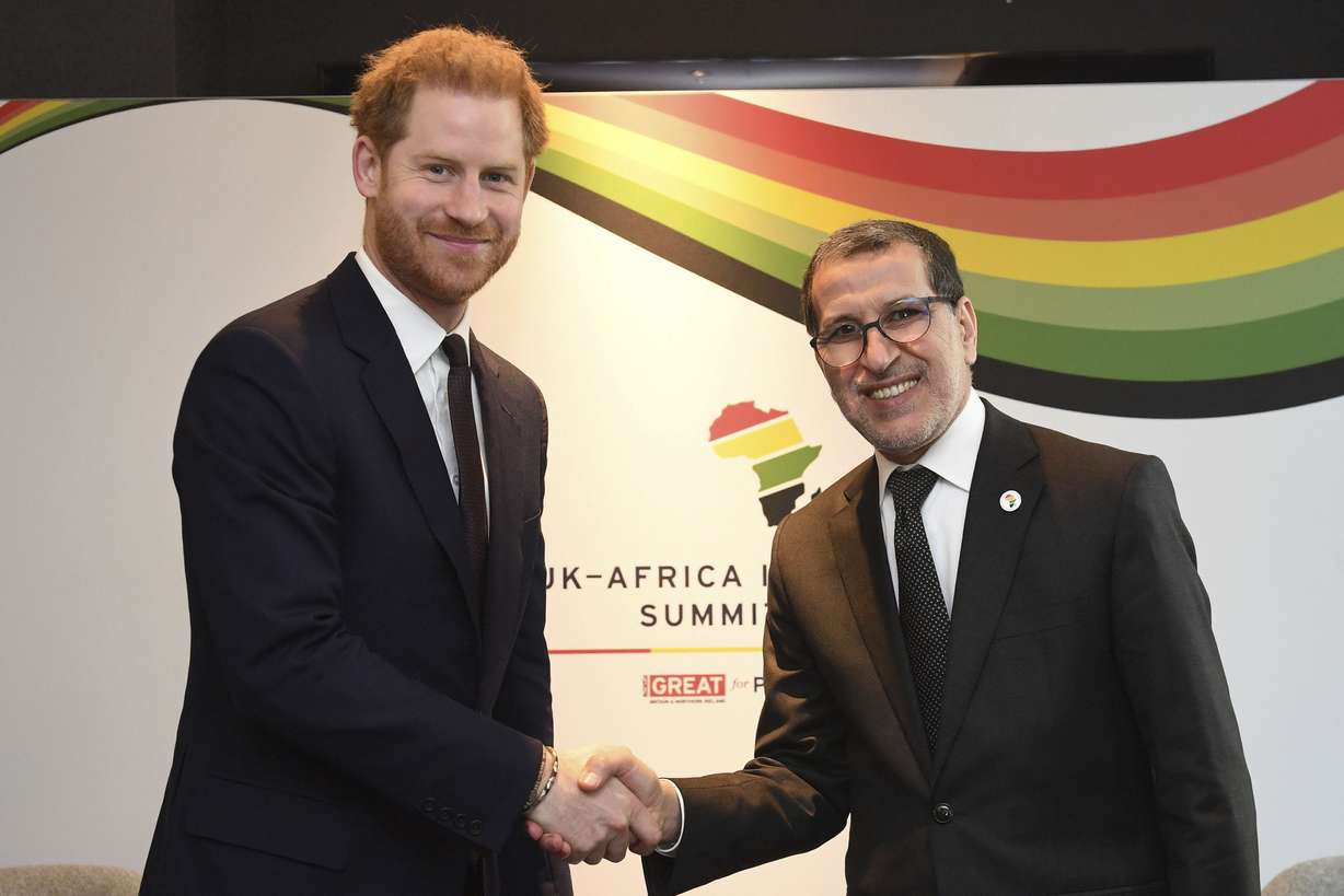 Britain's Prince Harry meets with Saadeddine Othmani, Prime Minister of Morocco, right, at the UK Africa Investment Summit in London, Monday Jan. 20, 2020. Britain's Prime Minister Boris Johnson is hosting 54 African heads of state or government in London, as the U.K. prepares for post-Brexit dealings with the world. (Photo: Stefan Rousseau, Pool via AP)