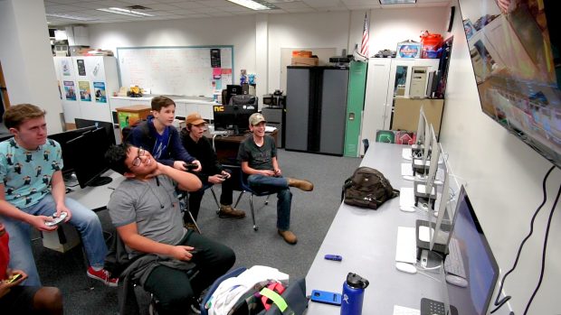 Students gather to play “Super Smash Bros.” in Audra Yocum’s classroom at Pleasant Grove High School. (Photo: Ray Boone, KSL TV)