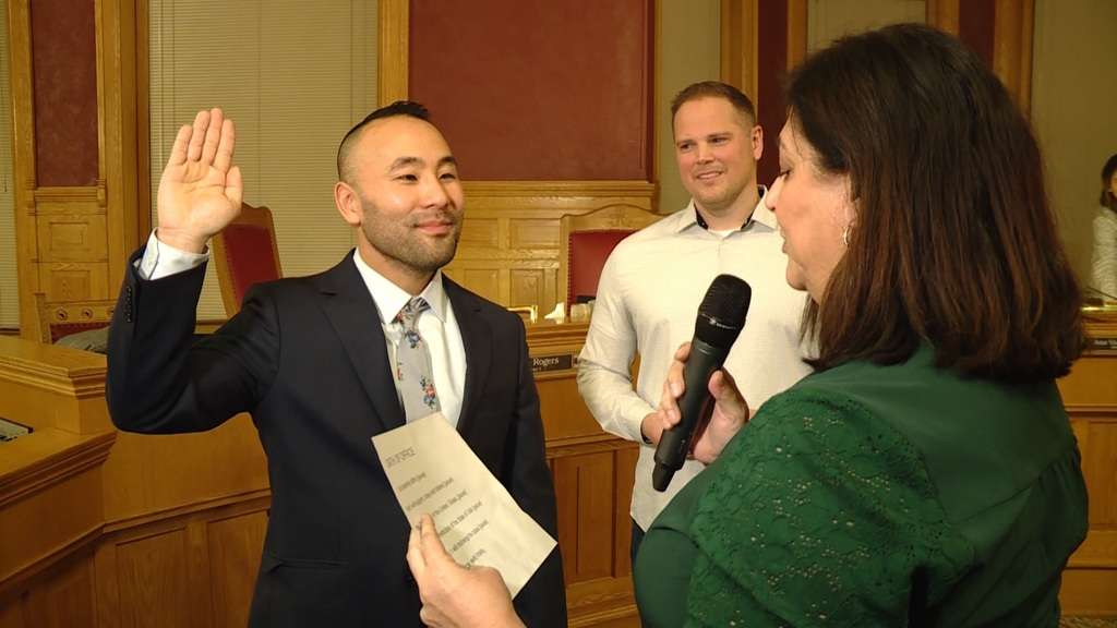 Darin Masao Mano is sworn in as the newest member of the Salt Lake City Council on Tuesday, Jan. 21, 2020. (Photo: Tanner Siegworth, KSL TV)
