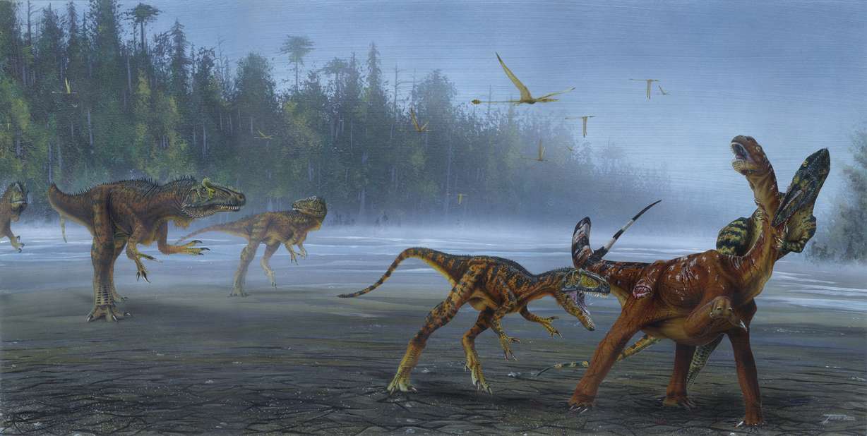 An artist rendering of what it may have looked like when an Allosaurus jimmadseni attacked a juvenile sauropod. (Photo: Todd Marshall)