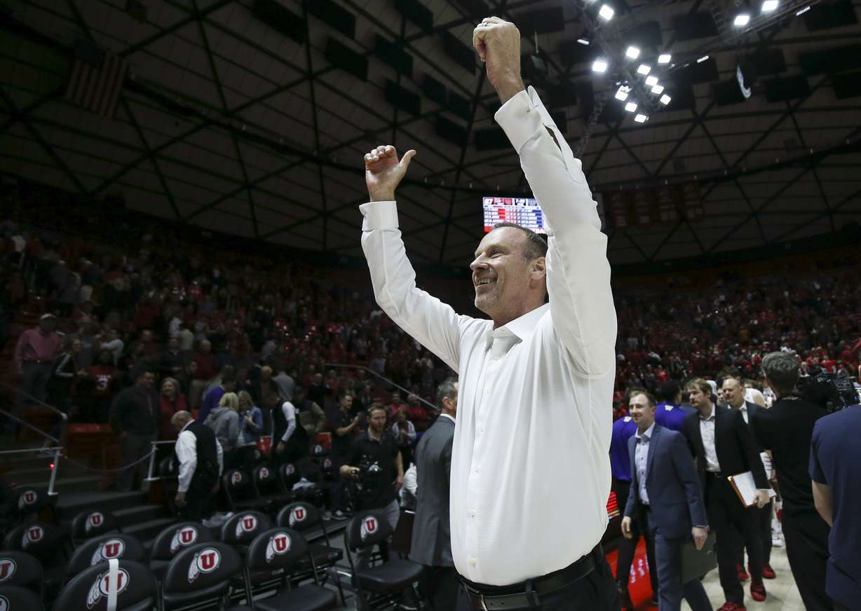 Utah Utes head coach Larry Krystkowiak celebrates the win over the Washington Huskies in Salt Lake City on Thursday, Jan. 23, 2020. The Utes won 67-66. (Photo: Jeffrey D. Allred, KSL)