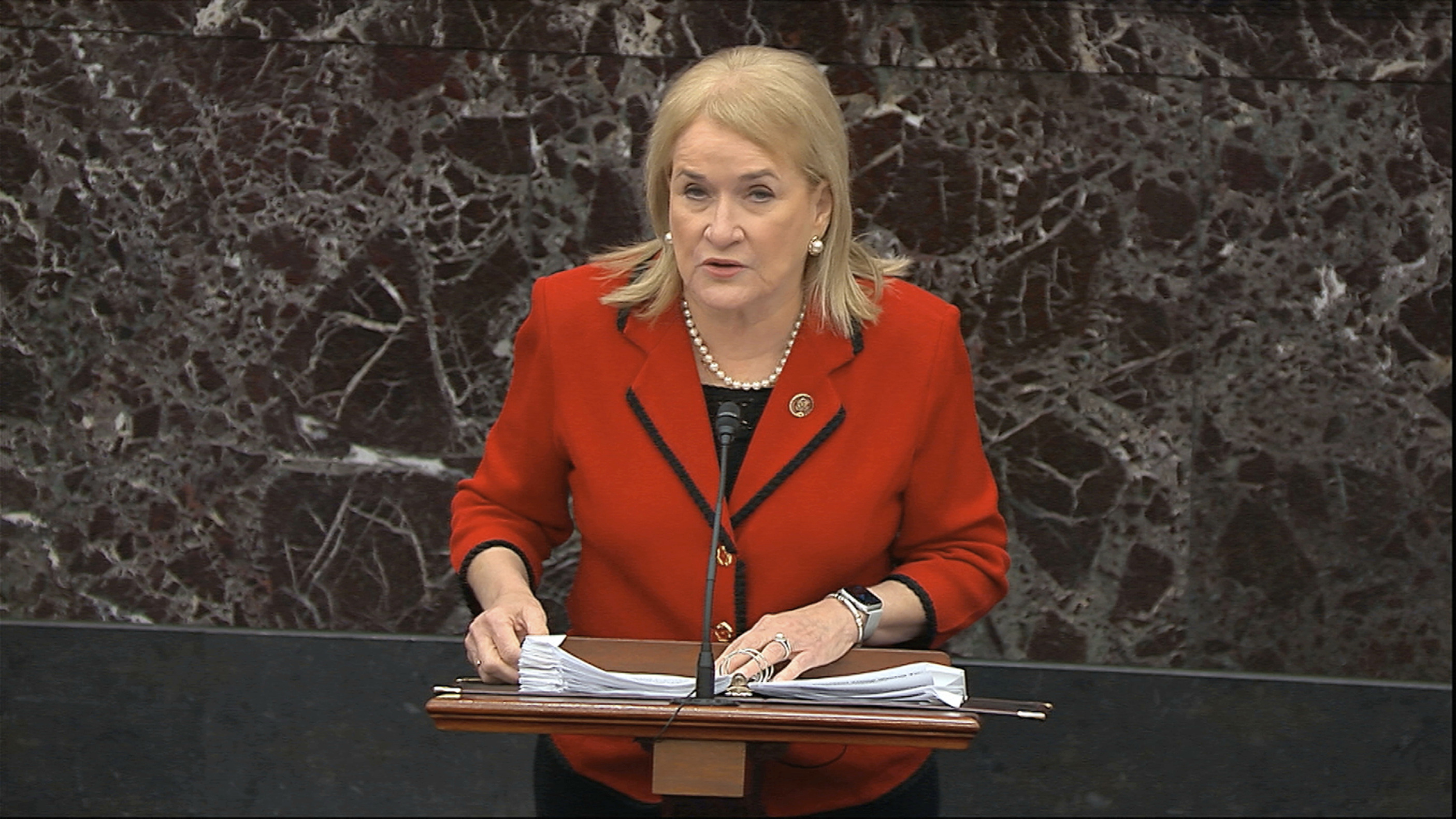 In this image from video, House impeachment manager Rep. Sylvia Garcia, D-Texas, speaks during the impeachment trial against President Donald Trump in the Senate at the U.S. Capitol in Washington, Thursday, Jan. 23, 2020. (Senate Television via AP)