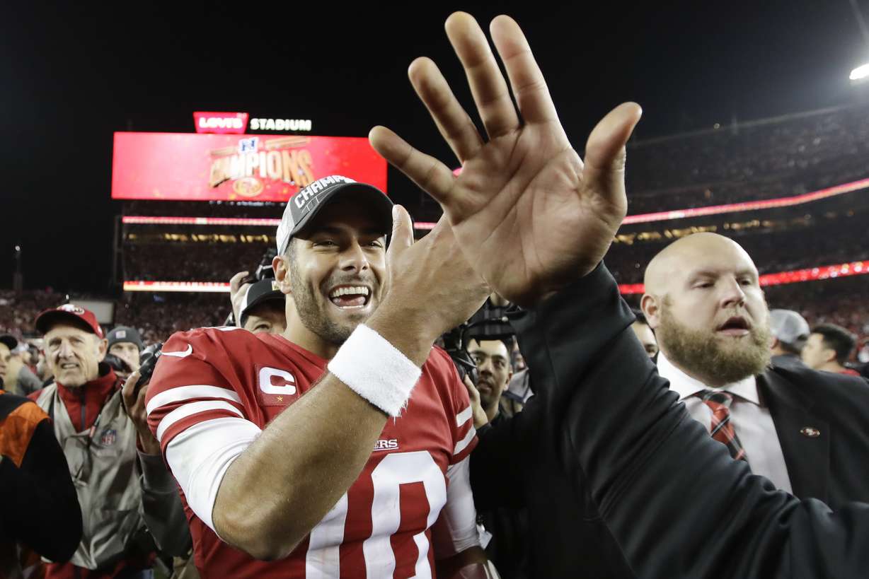 San Francisco 49ers quarterback Jimmy Garoppolo celebrates after their win against the Green Bay Packers in the NFL NFC Championship football game Sunday, Jan. 19, 2020, in Santa Clara, Calif. The 49ers won 37-20 to advance to Super Bowl 54 against the Kansas City Chiefs. (Photo: Marcio Jose Sanchez, AP)