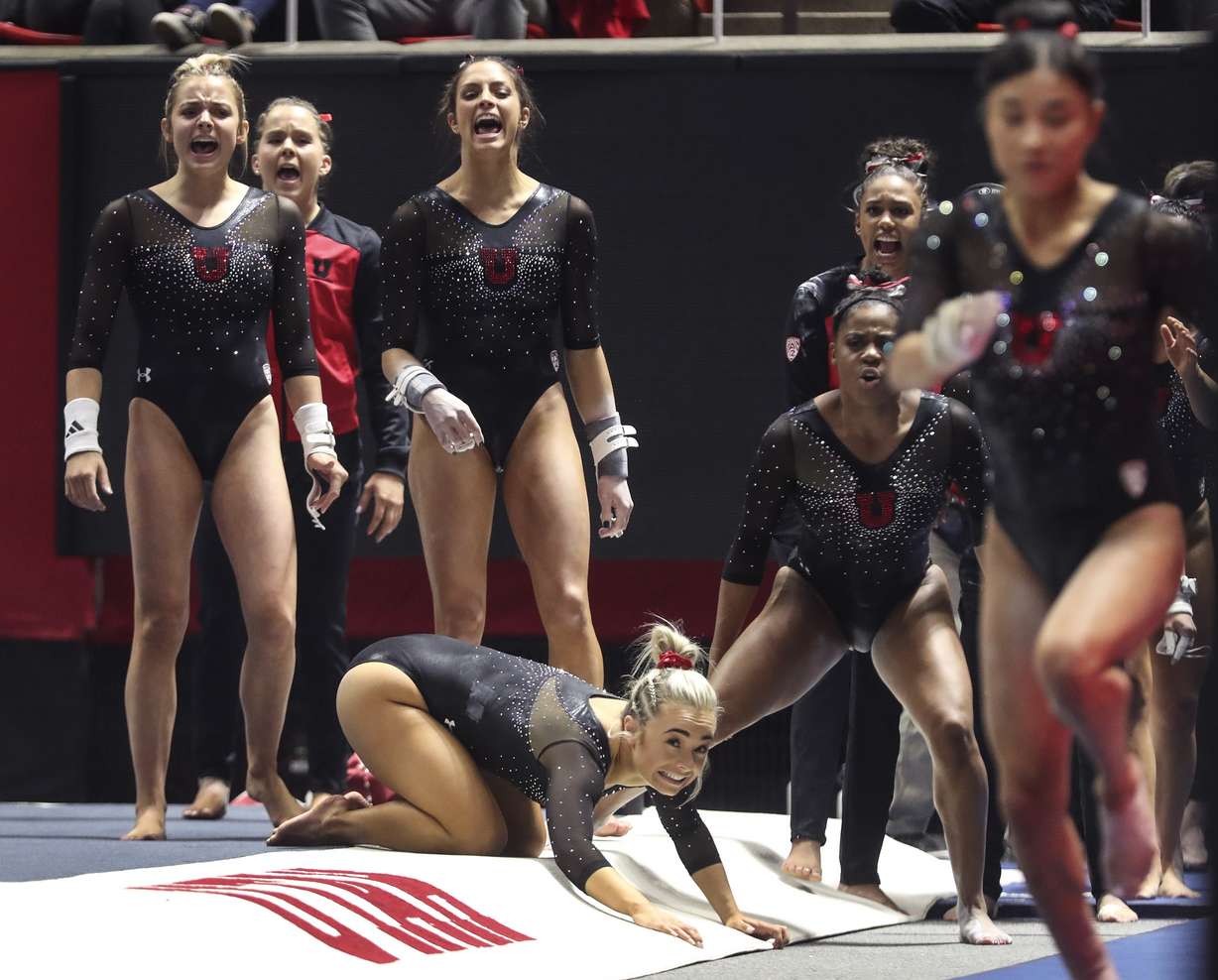 The Red Rocks cheer on Kim Tessen as she performs in the vault during the Arizona State and University of Utah gymnastics meet at the Huntsman Center in Salt Lake City on Friday, Jan. 24, 2020. (Photo: Steve Griffin, KSL)