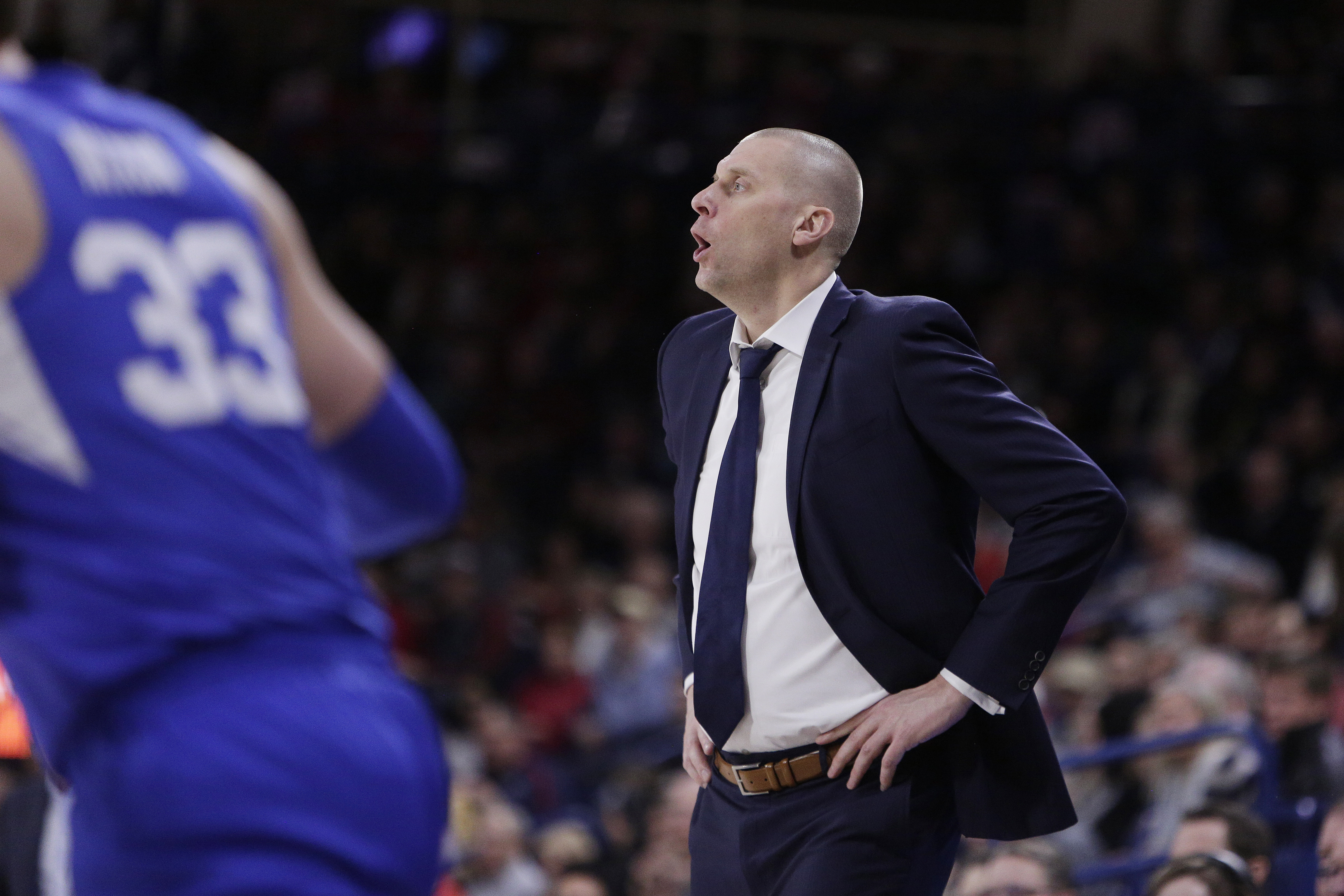 BYU head coach Mark Pope directs his players during the first half of an NCAA college basketball game against Gonzaga in Spokane, Wash., Saturday, Jan. 18, 2020. (Photo: Young Kwak, AP)