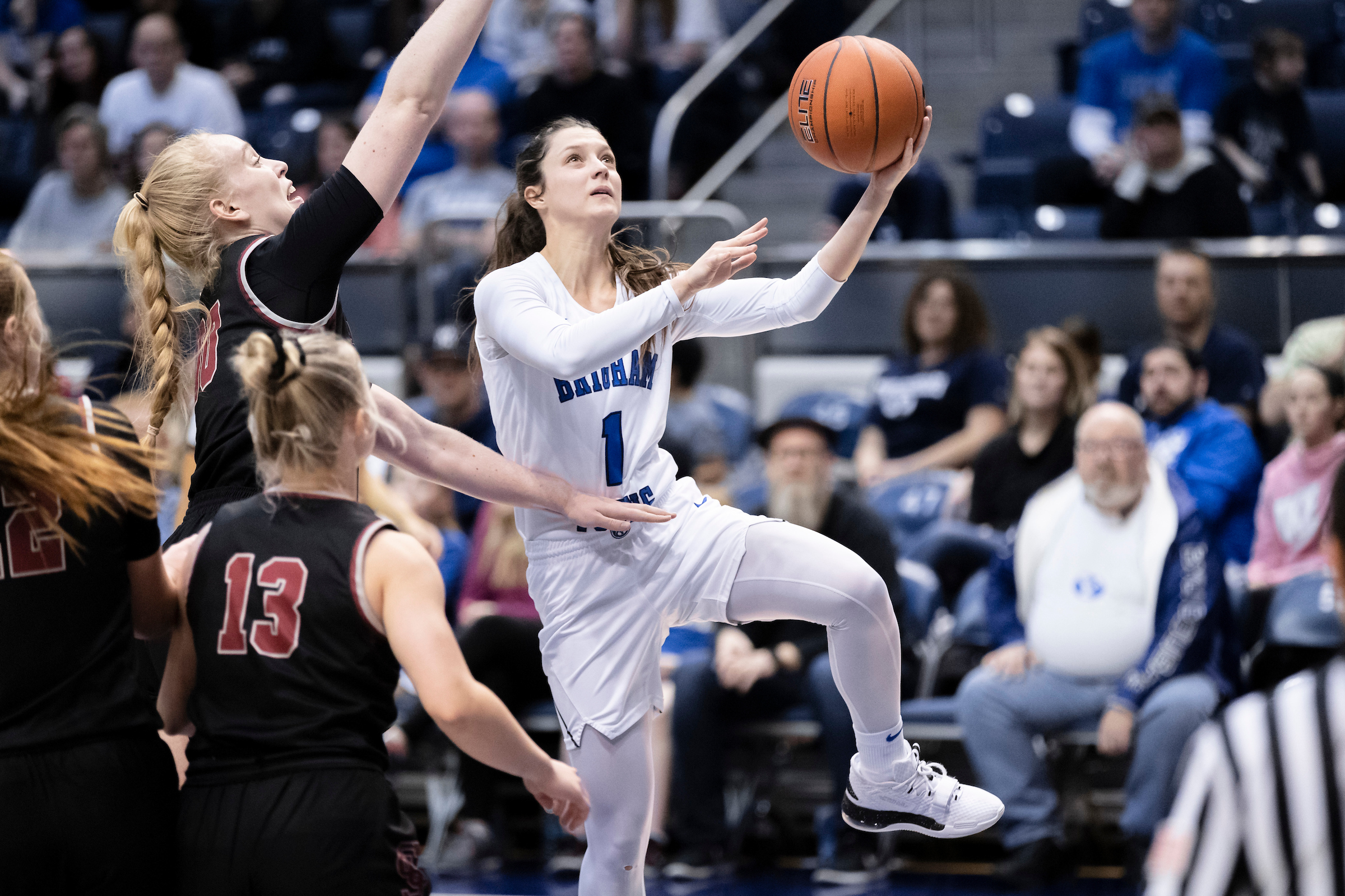 Brenna Chase Drollinger scores two during BYU women's basketball's 71-48 win over Santa Clara, Saturday, Jan. 25, 2020 in Provo. (Photo: Alyssa Lyman, BYU Photo)