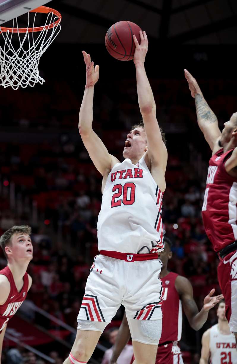 Utah Utes forward Mikael Jantunen (20) goes to the hoop during the game against the Washington State Cougars at the Huntsman Center in Salt Lake City on Saturday, Jan. 25, 2020. (Photo: Spenser Heaps, KSL)