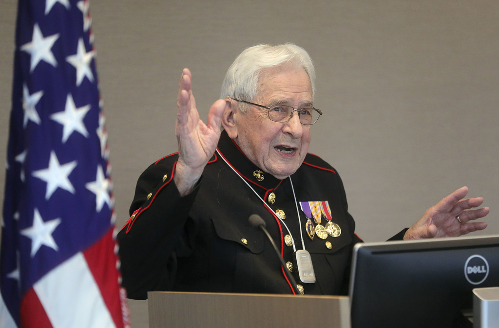 Retired World War II Marine Sgt. Edgar Harrell talks about surviving for five days at sea after the USS Indianapolis sunk during an appearance at Goldman Sachs in Salt Lake City on Tuesday, Jan. 28, 2020. (Photo: Kristin Murphy, KSL)
