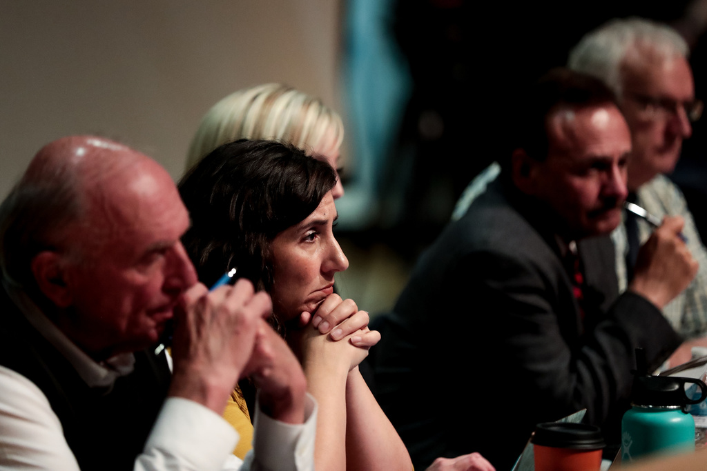 Jim Bradley, left, and Shireen Ghorbani, second from left, both at-large members of the Salt Lake County Council, and other councilmembers listen to comment during a public hearing to discuss the proposed Olympia Hills development at Copper Mountain Middle School in Herriman on Tuesday, Jan. 28, 2020. (Photo: Spenser Heaps, KSL)
