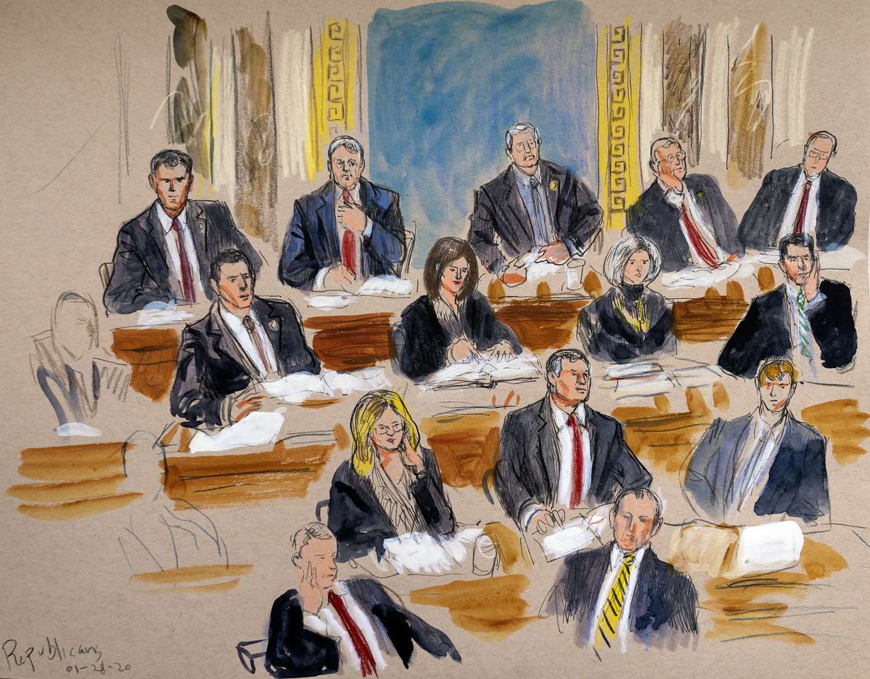 This artist sketch depicts the Republican side of the Senate during defense arguments in the impeachment trial of President Donald Trump on charges of abuse of power and obstruction of Congress, at the Capitol in Washington, Tuesday, Jan. 28, 2020. (Dana Verkouteren via AP)