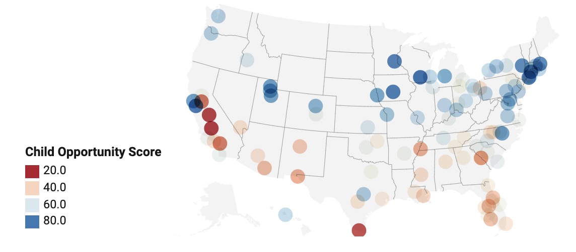 This graphic, provided by Brandeis University, shows child opportunity index scores by each city in the 100 largest metropolitan areas in the country. All three Utah cities in the study were given scores well above the national average. (Graphic: Brandeis University)