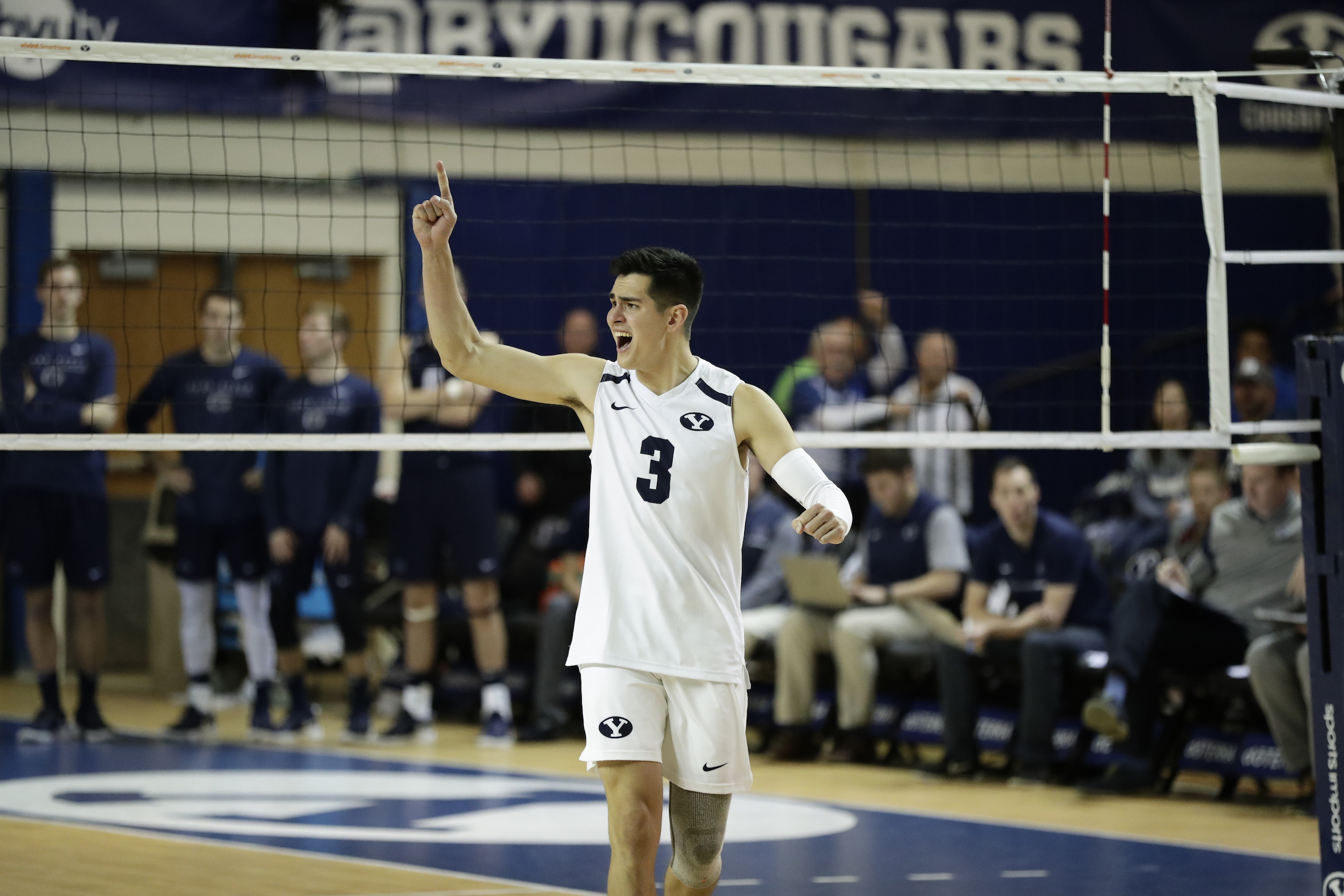 BYU setter Wil Stanley (3) celebrates a point during the Cougars' 3-0 sweep of No. 15 Penn State, Friday, Jan. 10, 2020 in the Smith Fieldhouse. (Courtesy: Jaren Wilkey, BYU Photo)