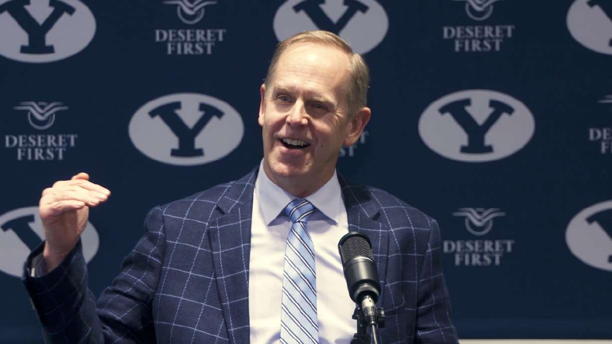 Tom Holmoe meets with the media Thursday, Jan. 30, 2020 in the Marriott Center Annex in Provo. (Photo: Brandon Despain, BYU Athletics)
