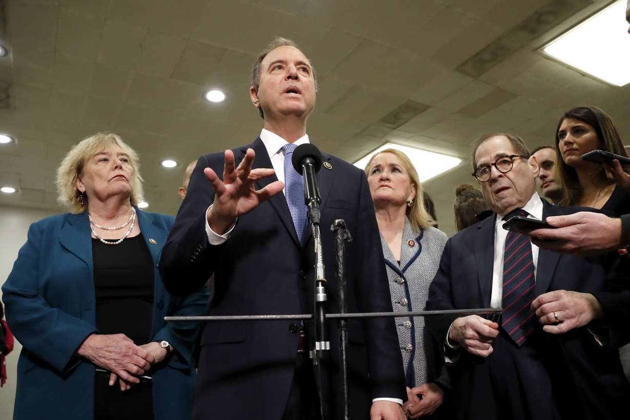 House impeachment manager Rep. Adam Schiff, D-Calif., second from left, speaks to reporters while standing with Rep. Zoe Lofgren, D-Calif., from left, and Rep. Sylvia Garcia, D-Texas, and Rep. Jerrold Nadler, D-N.Y., at the U.S. Capitol in Washington, Thursday, Jan. 30, 2020. Photo: Julio Cortez, AP Photo