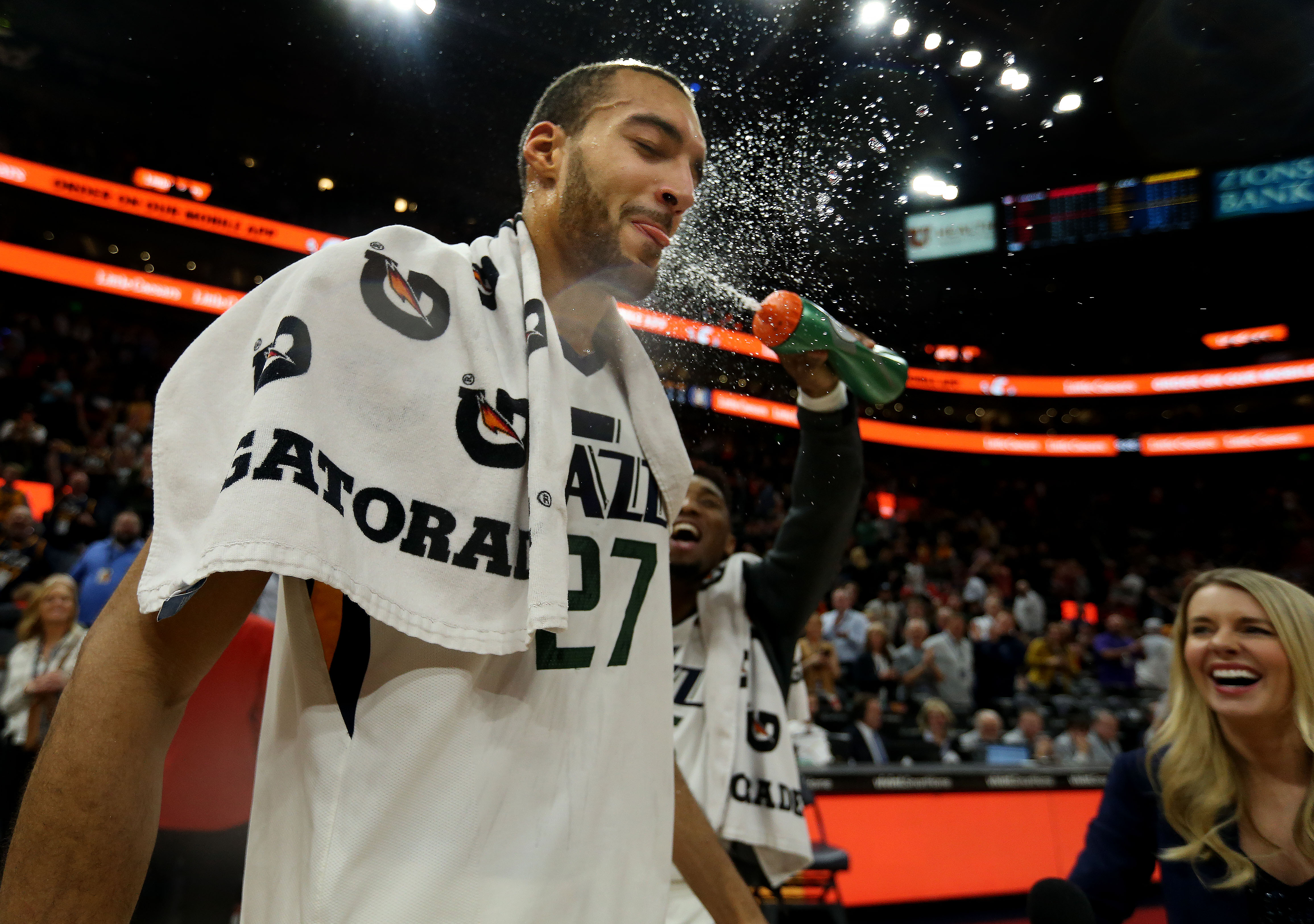 Utah Jazz center Rudy Gobert (27) gets sprayed with water by Donovan Mitchell after winning the game against Atlanta at Vivint Smart Home Arena in Salt Lake City on Friday, Feb.1, 2019.
(Laura Seitz, KSL)