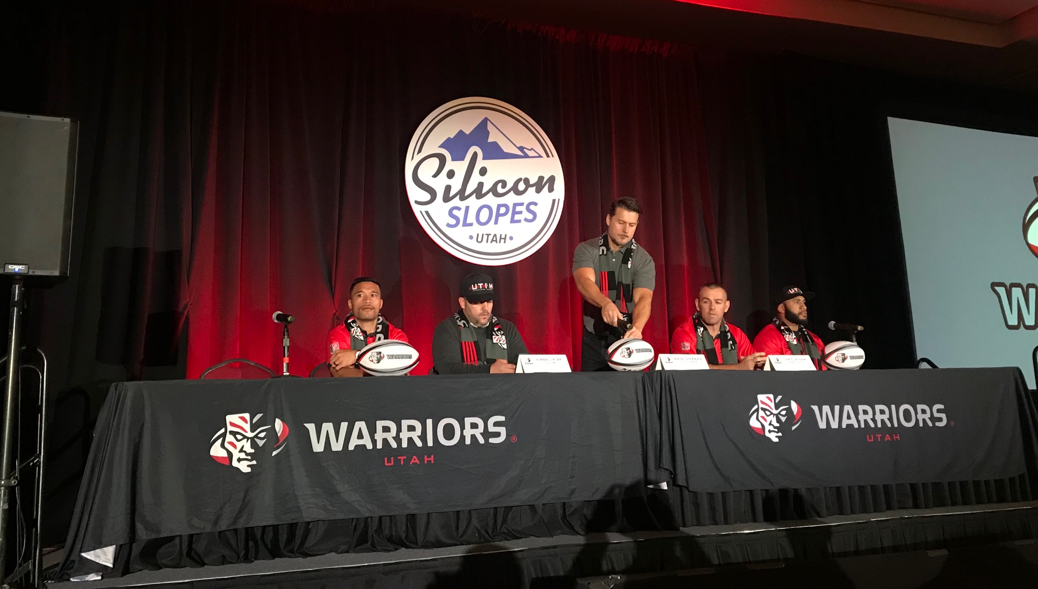 Utah Warriors rugby minority owner Wade Sherman, center, with general manager Kimball Kjar, team captain Dwayne Polataivao, vice captain Fets Vainikolo, and new head coach Chris Latham during the Warriors' media day, Friday, Jan. 31, 2020 at Silicon Slopes Tech Summit in Salt Lake City. (Photo: Sean Walker, KSL.com)