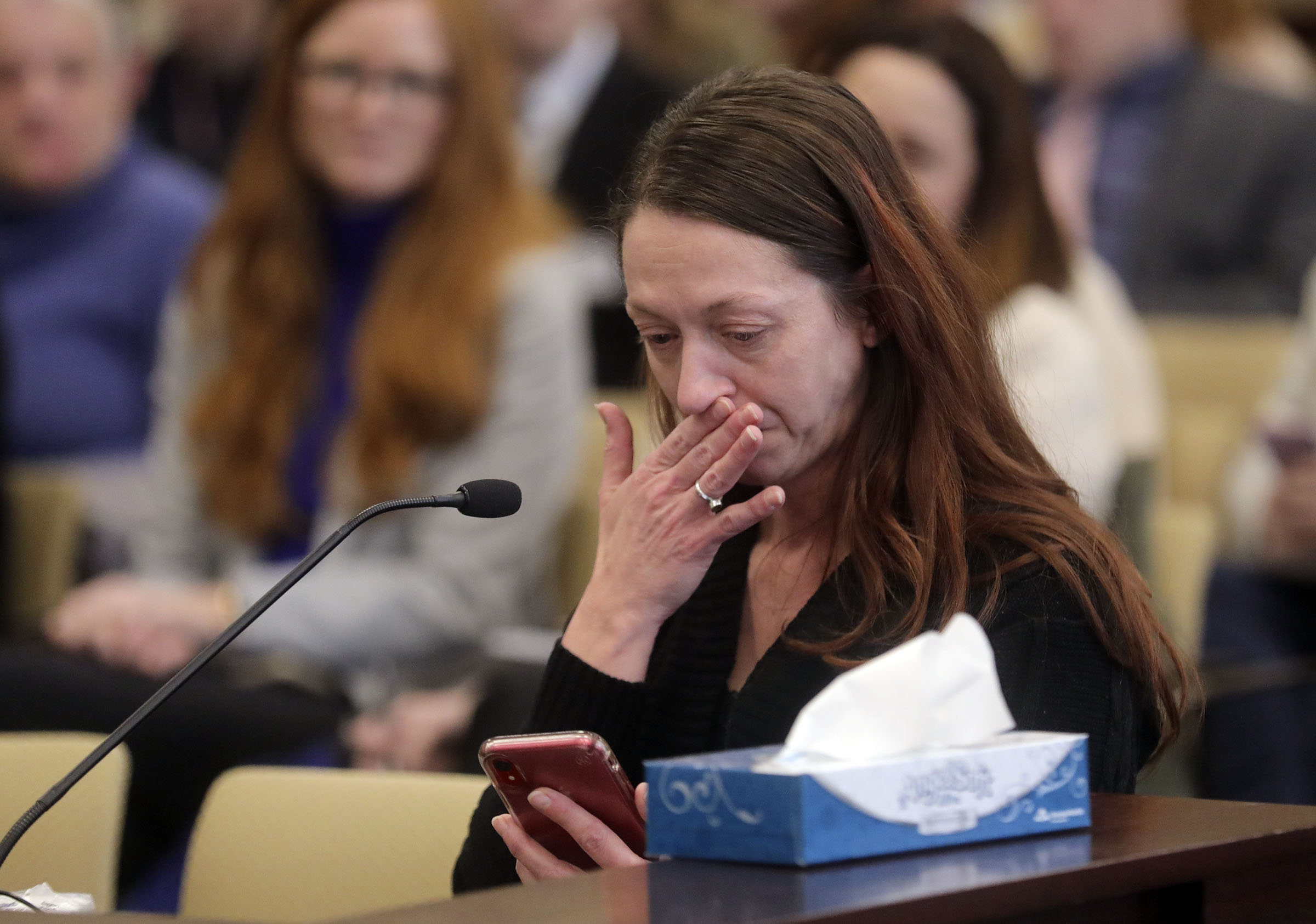 Liz Miller gets emotional while recalling her own experience with miscarriage while speaking in opposition of SB67, which would require aborted and miscarried fetal remains to be buried or cremated, during a hearing before the Senate Health and Human Services Committee in the Senate Building at the Capitol complex in Salt Lake City on Friday, Jan. 31, 2020. (Photo: Kristin Murphy, KSL)