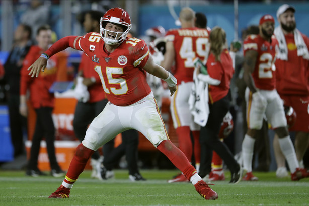 Kansas City Chiefs' quarterback Patrick Mahomes celebrates his touchdown pass to Damien Williams in the the second half of the NFL Super Bowl 54 football game Sunday, Feb. 2, 2020, in Miami Gardens, Fla. (Photo: John Bazemore, AP)
