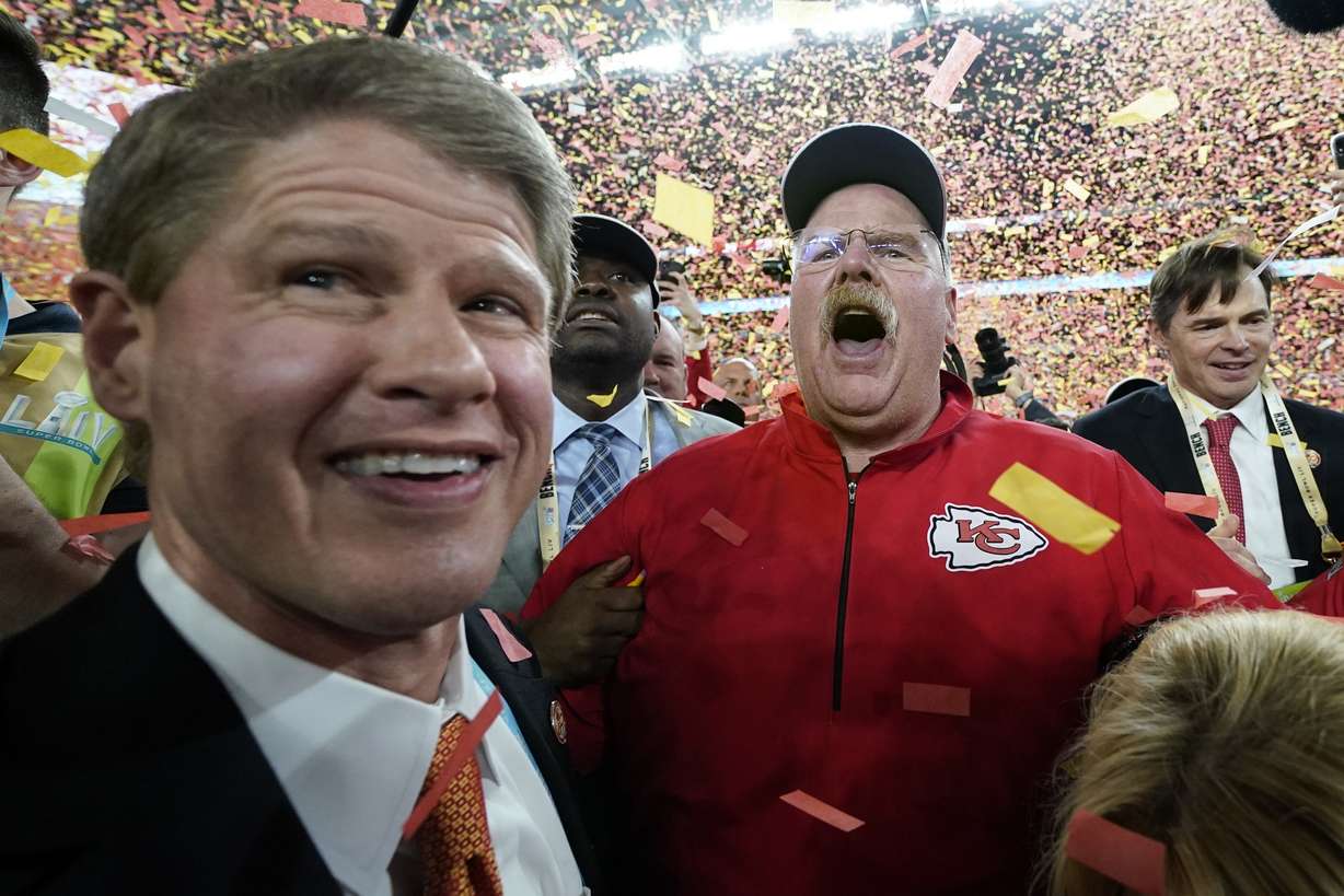 Kansas City Chiefs Chairman Clark Hunt, left, and head coach Andy Reid celebrate after defeating the San Francisco 49ers in the NFL Super Bowl 54 football game Sunday, Feb. 2, 2020, in Miami Gardens, Fla. (Photo: David J. Phillip, AP)