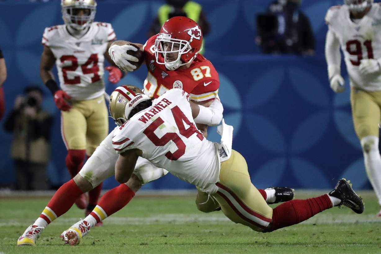 Kansas City Chiefs' Travis Kelce (87) is tackled by San Francisco 49ers' Fred Warner (54) during the second half of the NFL Super Bowl 54 football game Sunday, Feb. 2, 2020, in Miami Gardens, Fla. (Photo: Wilfredo Lee, AP)