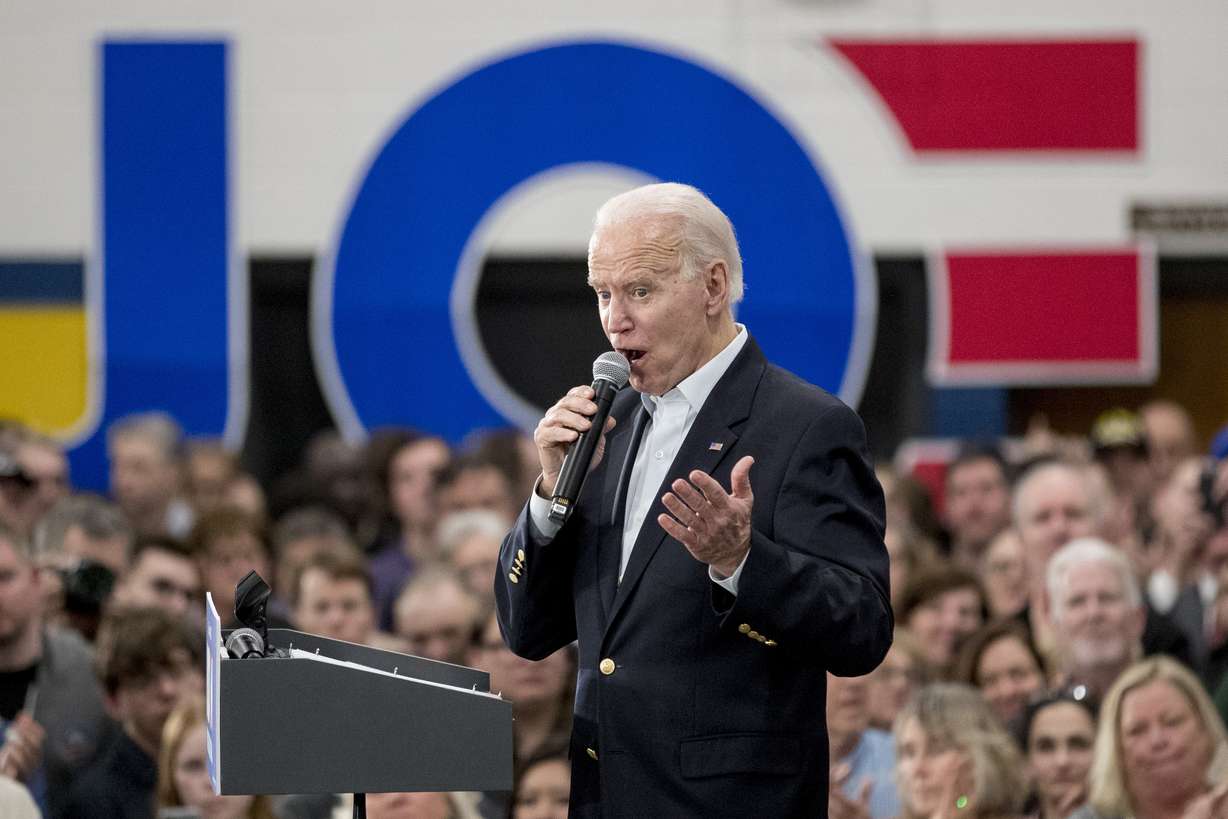 Democratic presidential candidate former Vice President Joe Biden speaks at a campaign stop at Hiatt Middle School, Sunday, Feb. 2, 2020, in Des Moines, Iowa. (AP Photo/Andrew Harnik)