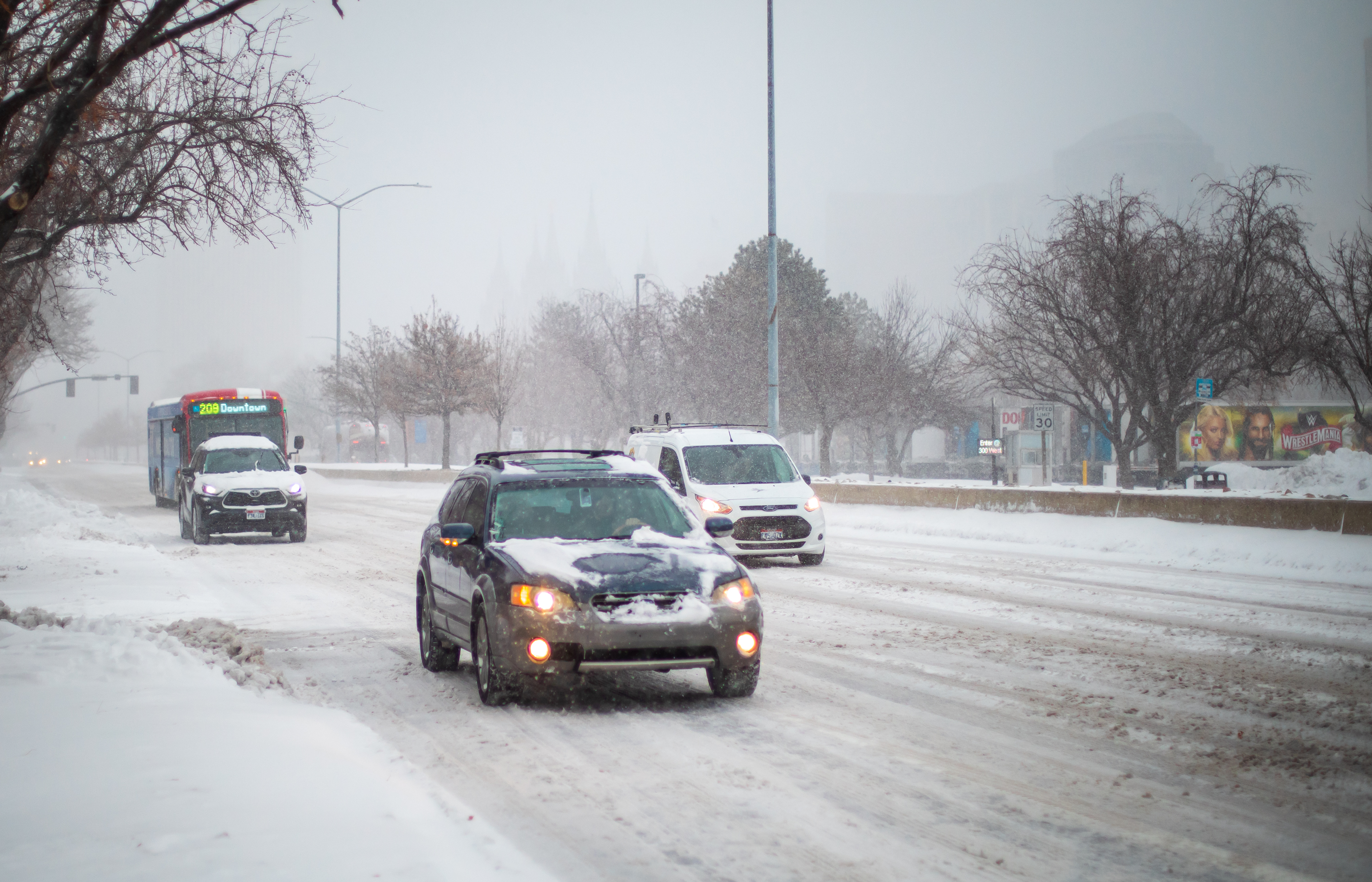 Cars travel in the snow on North Temple in Salt Lake City on Monday, Feb. 3, 2020. (Photo: Carter Williams, KSL.com)