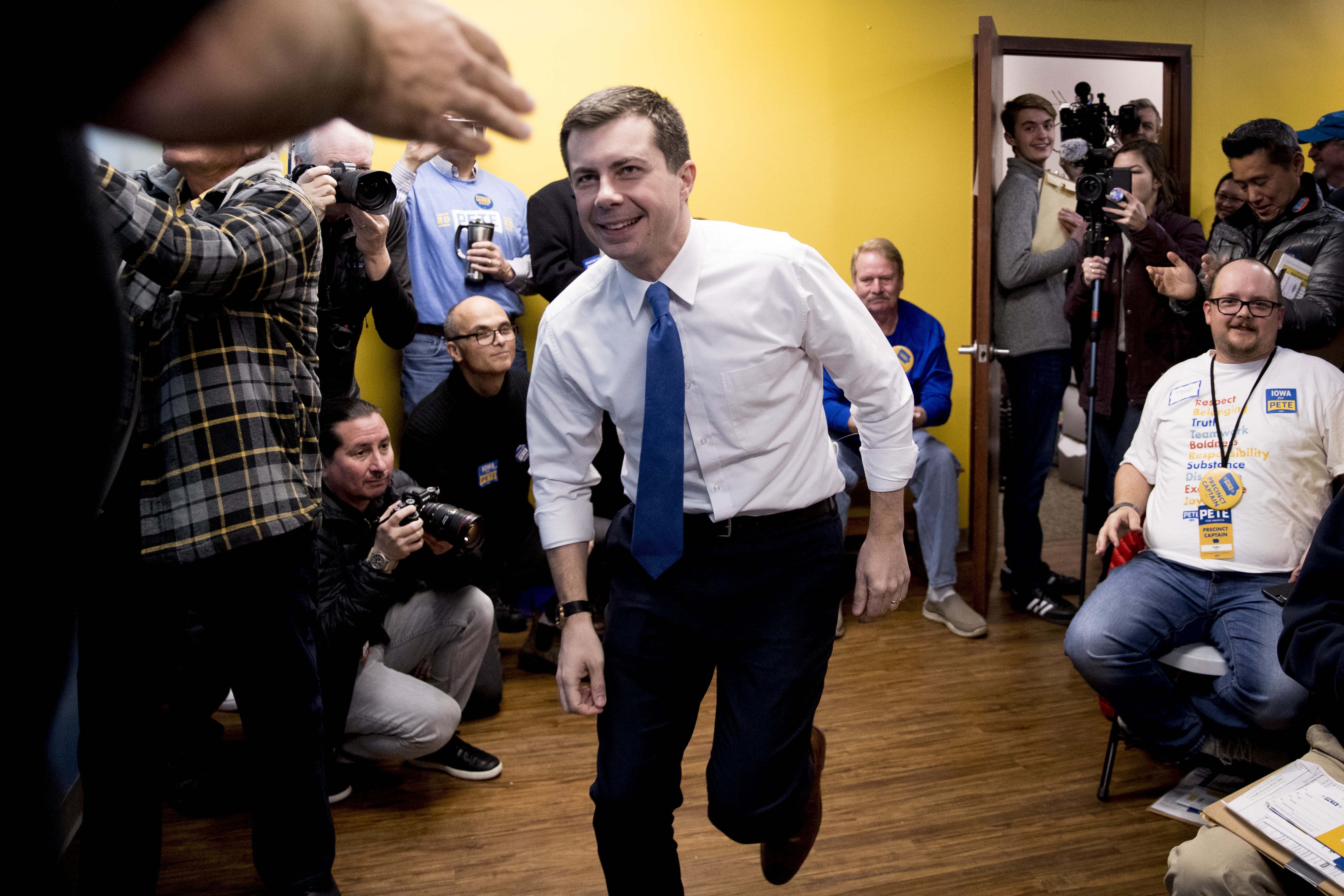 Democratic presidential candidate former South Bend, Ind., Mayor Pete Buttigieg arrives to speak at a campaign office the day of the Iowa Caucus, Monday, Feb. 3, 2020, in West Des Moines, Iowa. (AP Photo/Andrew Harnik)