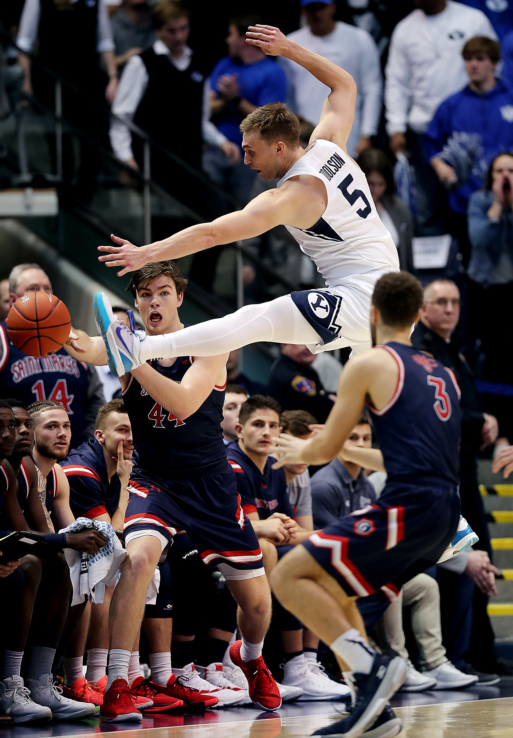 BYU Cougars guard Jake Toolson (5) tries to defend an inbounds pass from Saint Mary's guard Alex Ducas (44) as BYU and Saint Mary’s play in an NCAA basketball game in Provo at the Marriott Center on Saturday, Feb. 1, 2020. BYU won 81-79. (Photo: Scott G Winterton, KSL)
