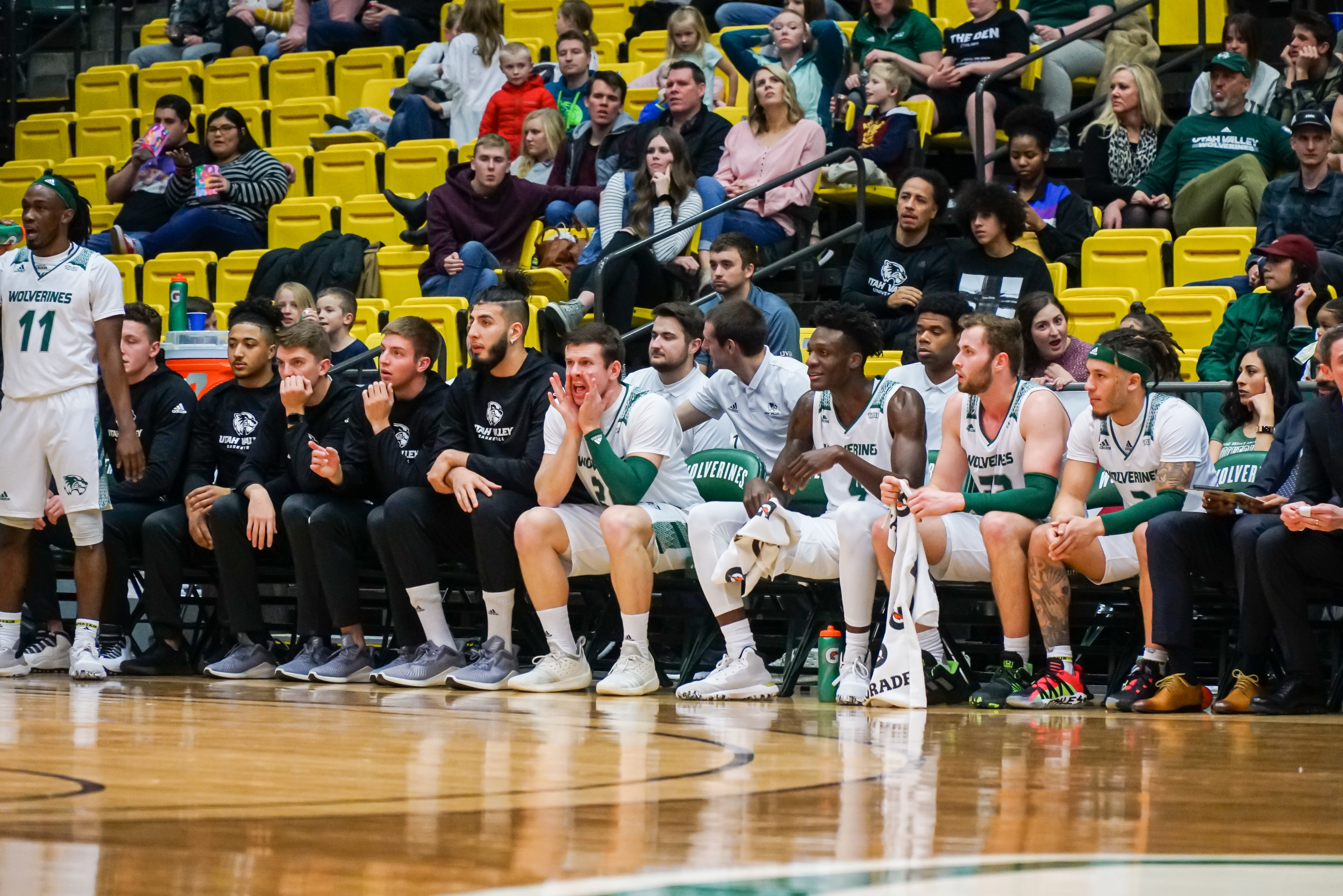 Former BYU guard Colby Leifson, fourth from left, with his teammates on Utah Valley's bench during a recent game against Cal Baptist in the UCCU Center in Orem. Leifson, who recently returned from a two-year church mission in Brazil, will sit out the 2019-20 season and be eligible by 2021. (Courtesy: Katy Herrin via UVU Athletics)