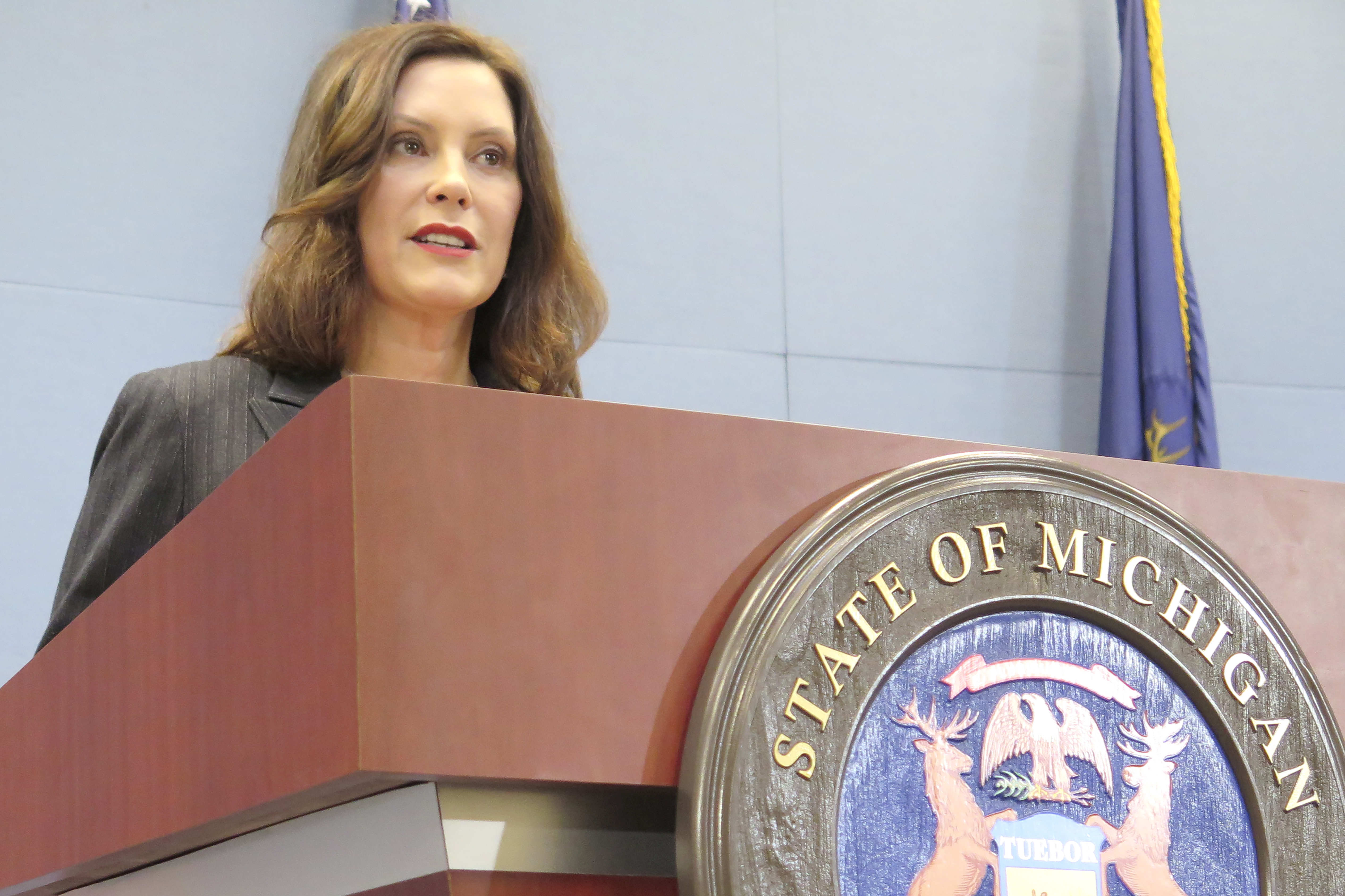 Michigan Gov. Gretchen Whitmer speaks with reporters, Tuesday, Feb. 4, 2020, at her office in Lansing, Mich., about delivering the Democratic response tonight to President Donald Trump's State of the Union address. She says she will focus on "dinner-table issues" such as infrastructure, jobs and health care. (David Eggert, AP Photo)