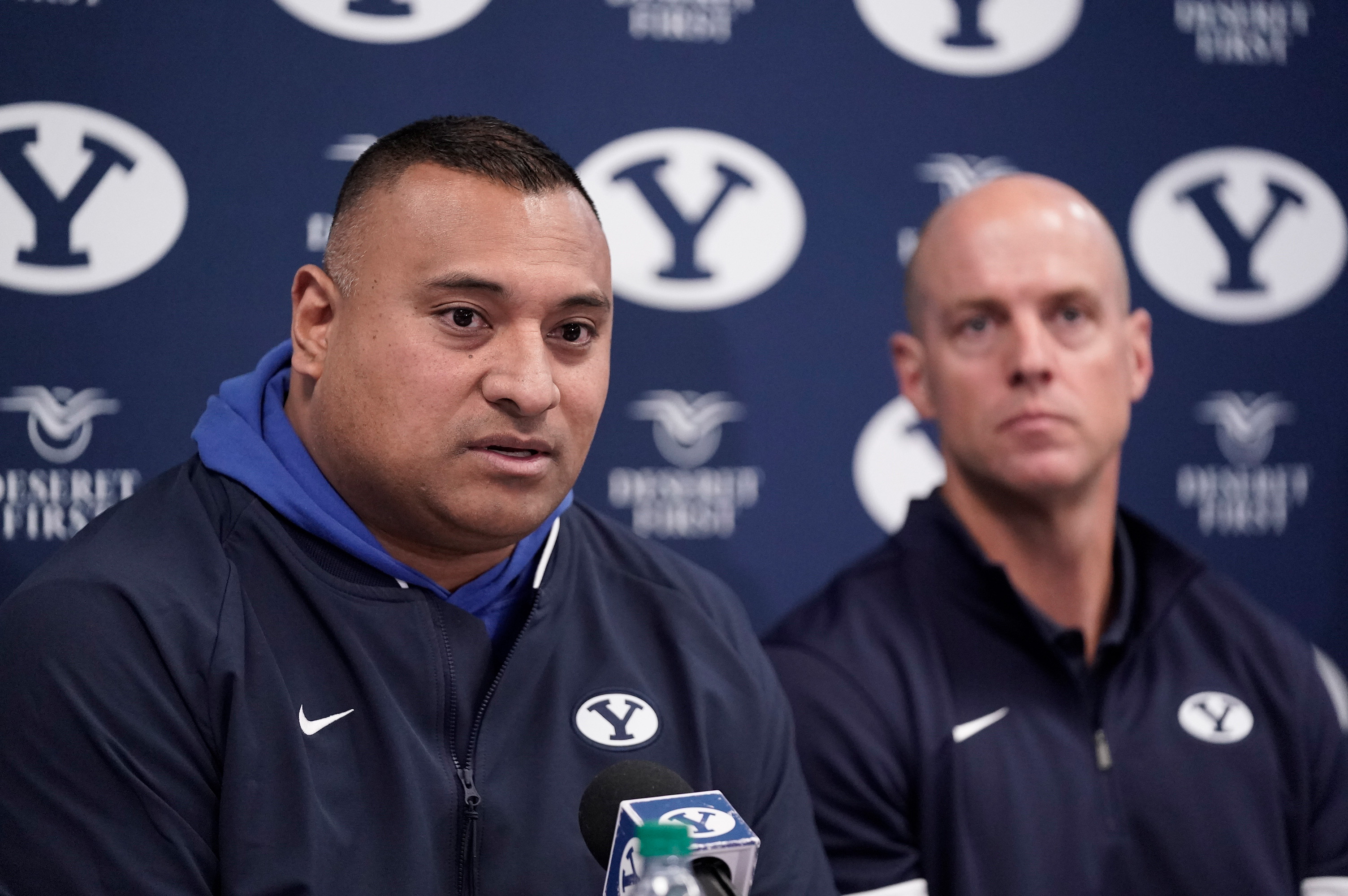 BYU head coach Kalani Sitake, left, and assistant head coach Ed Lamb talk to the media about the Cougars' latest recruiting class in 2020. (Courtesy: BYU Photo)