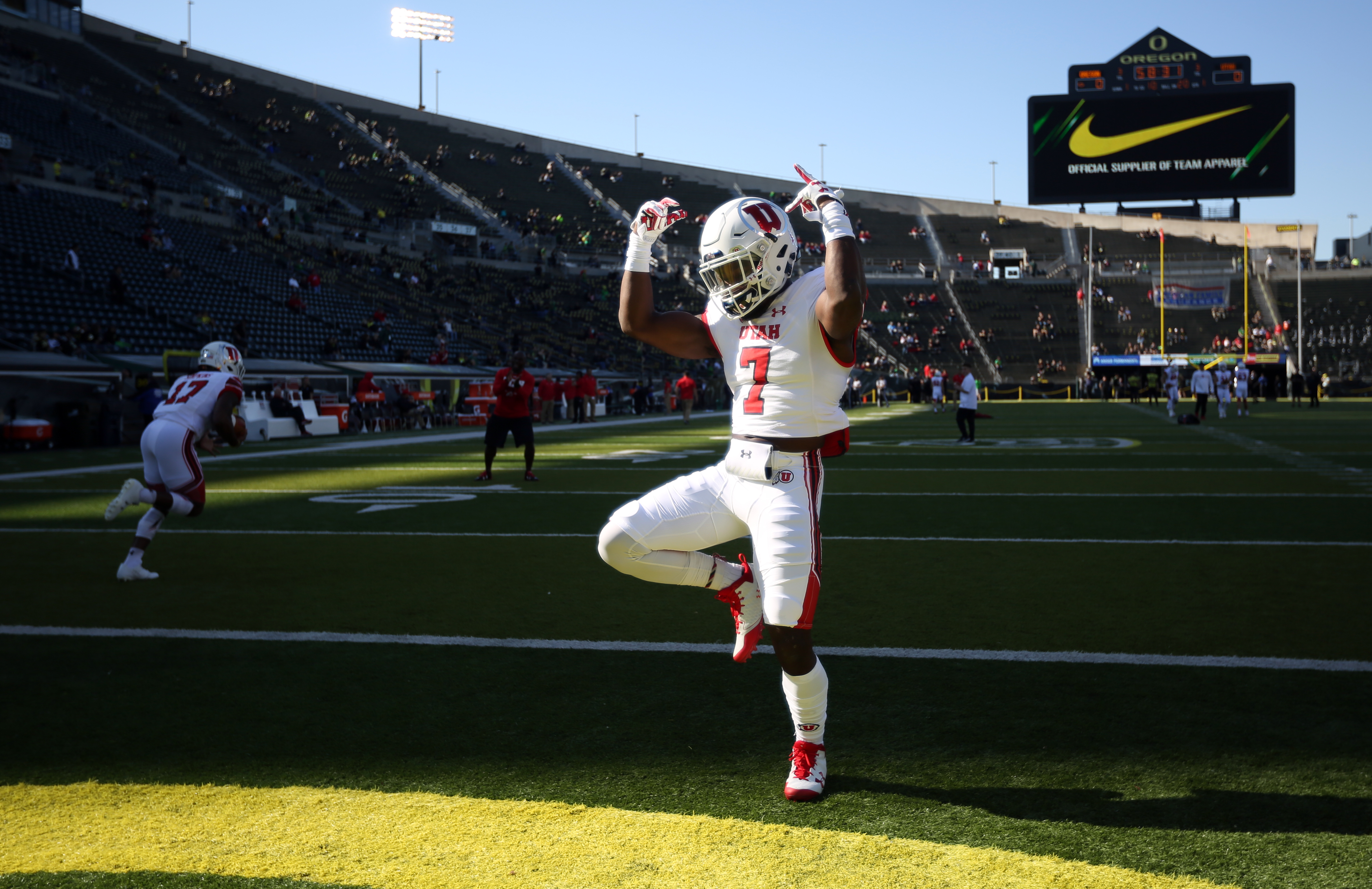 Utah Utes running back Devonta'e Henry-Cole (7) dances on the field before playing the Oregon Ducks at Autzen Stadium in Eugene, Ore., on Saturday, Oct. 28, 2017.