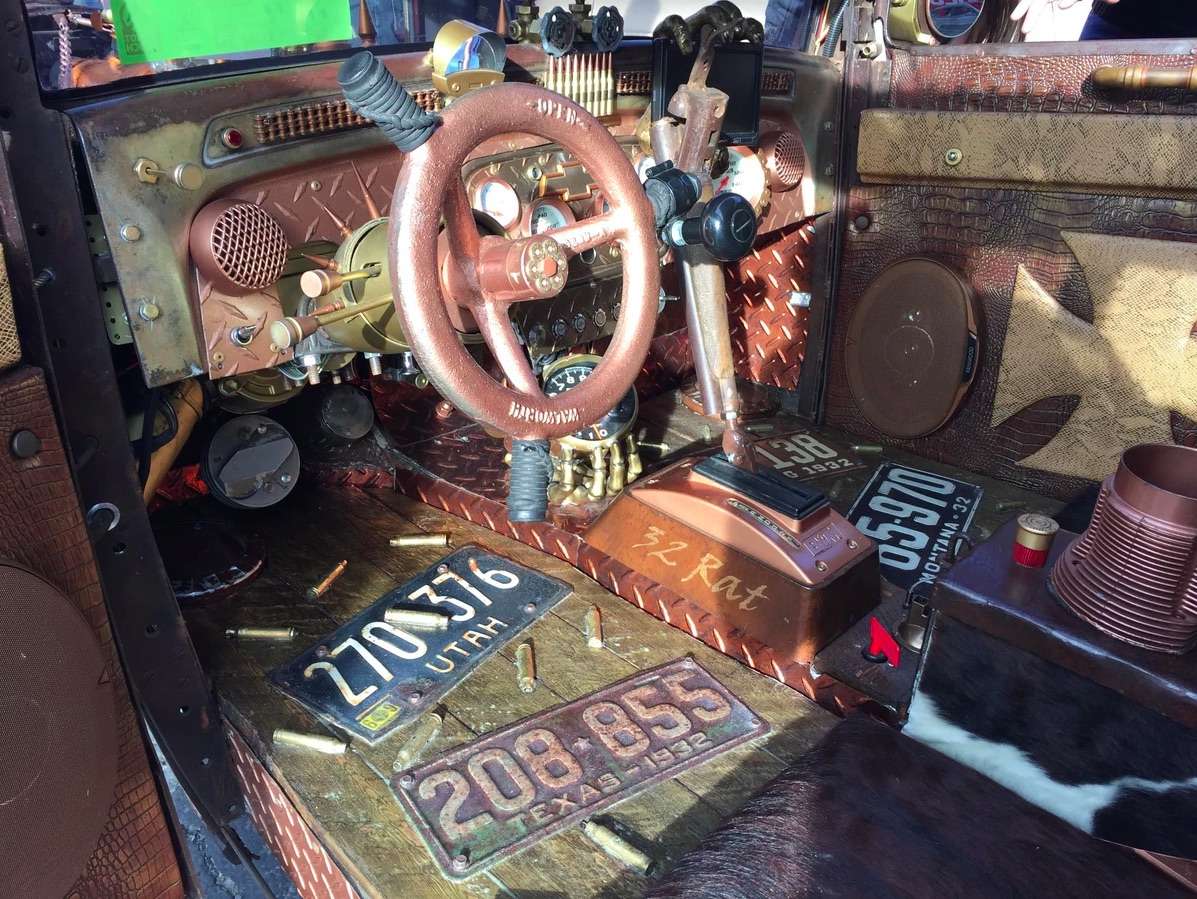 This interior shot of Robert Palmer's 1932 Ford shows stressed floors, license plate accents, and strewn bullet casings. (Photo: Robert Palmer)