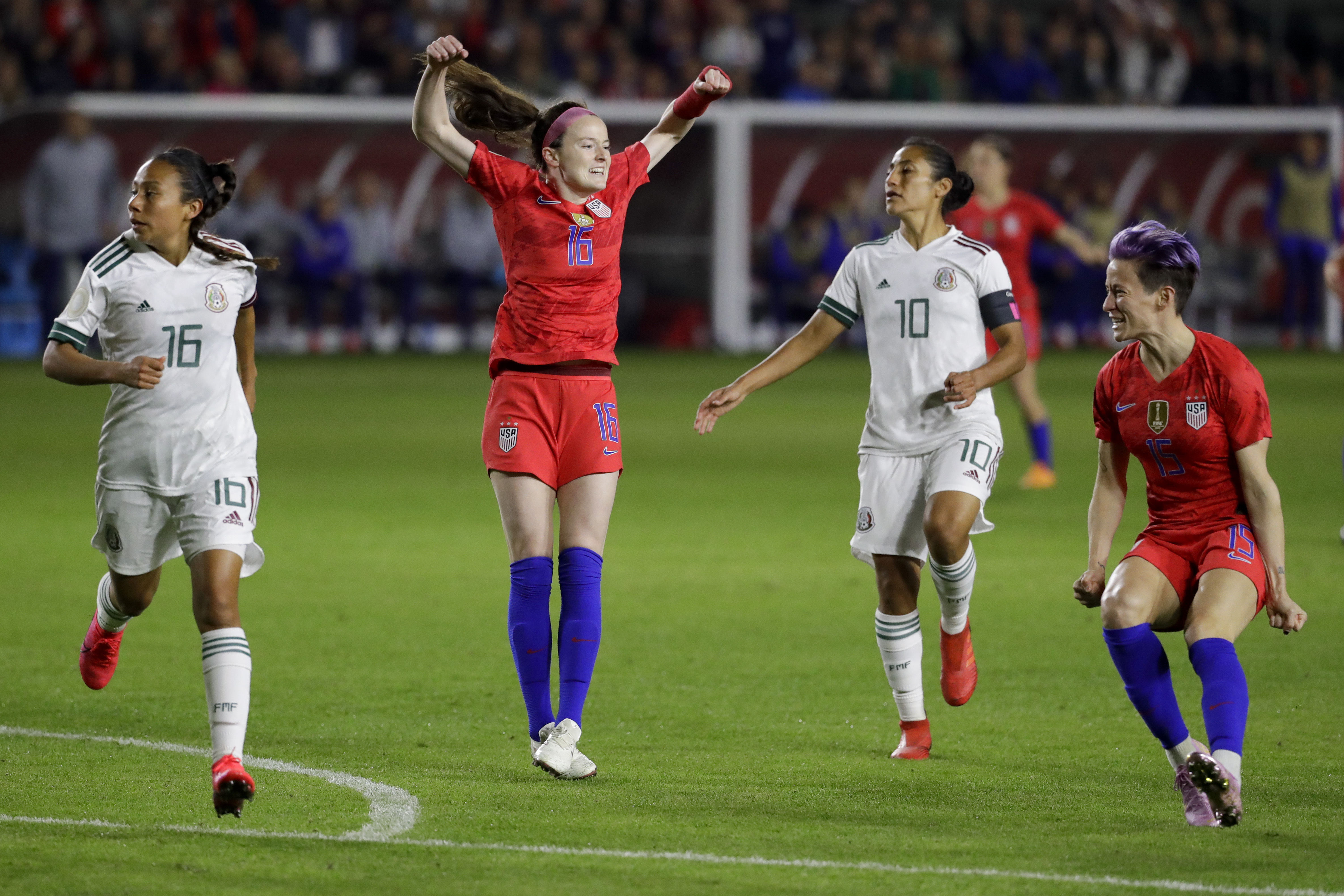U.S. midfielder Rose Lavelle (16) celebrates after scoring against Mexico during the first half of a CONCACAF women's Olympic qualifying soccer match Friday, Feb. 7, 2020, in Carson, Calif. (Photo: Chris Carlson, AP Photo)