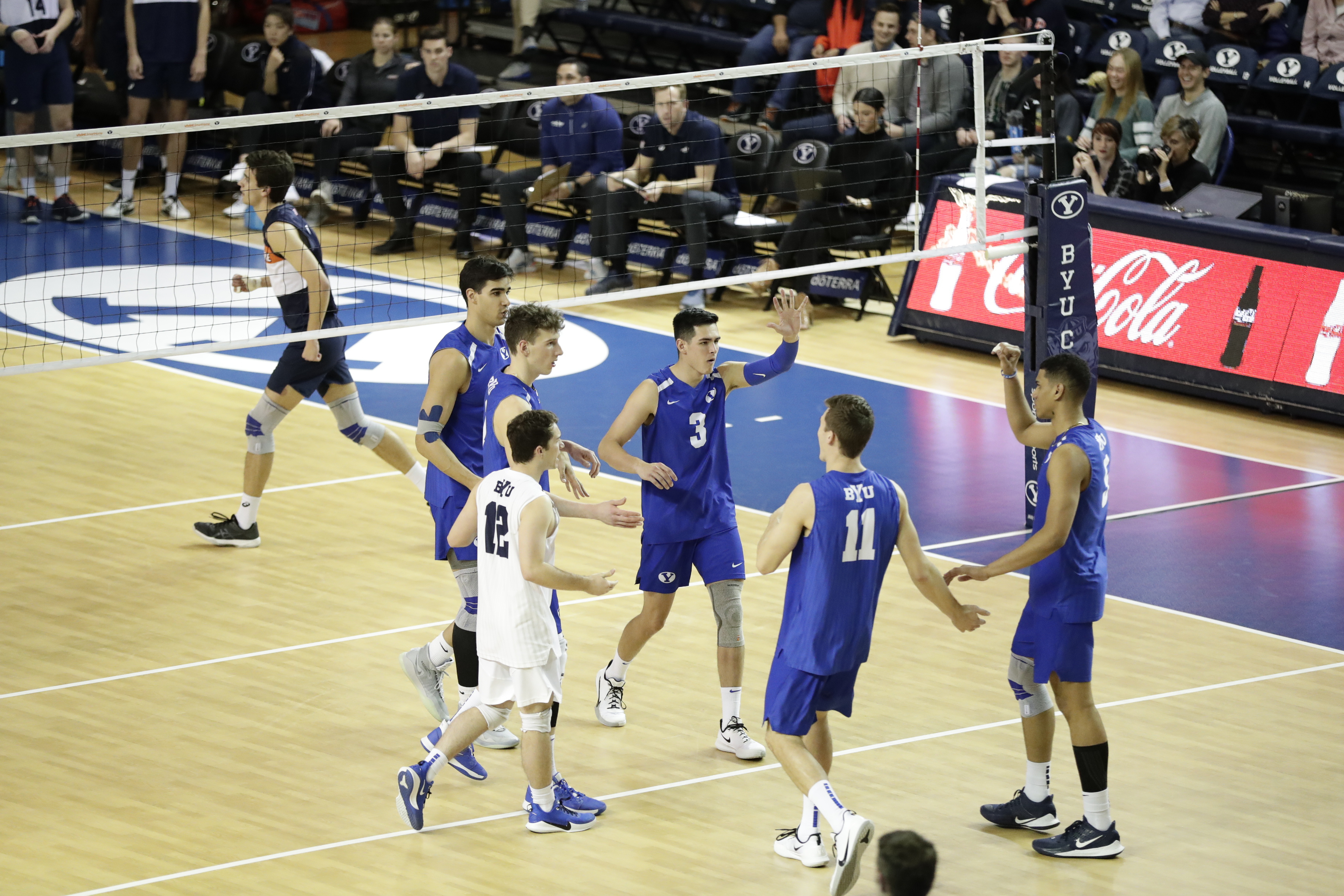 Wil Stanley (3) congratulates his team during a 3-1 win over Pepperdine to move No. 2 BYU men's volleyball to a 12-0 start. (Courtesy: BYU Photo)