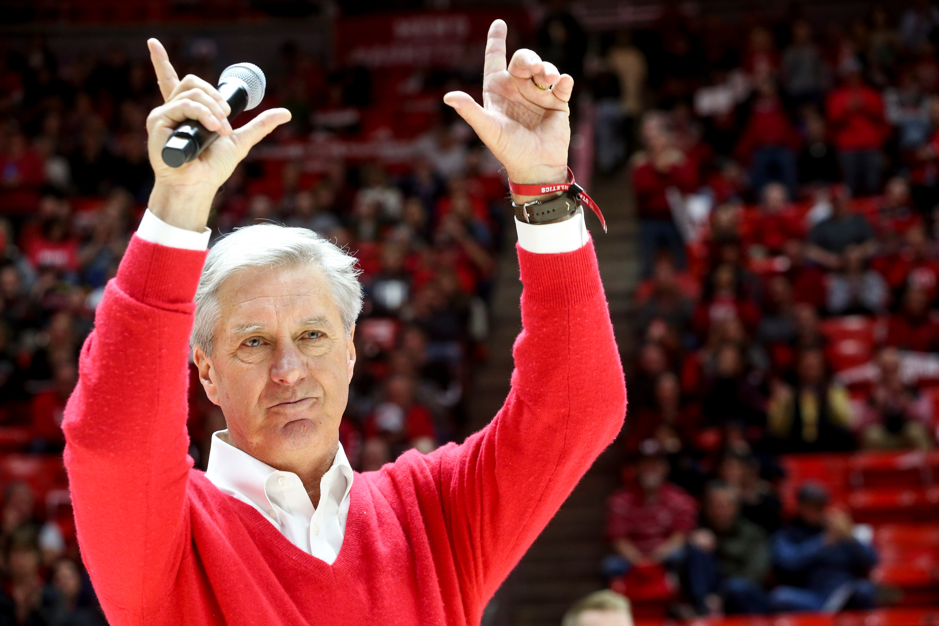 Dr. Chris Hill’s service as University of Utah athletic director is recognized during halftime of the Utes men’s basketball game against the California Golden Bears at the Huntsman Center in Salt Lake City on Saturday, Feb. 8, 2020. (Photo: Ivy Ceballo, KSL)