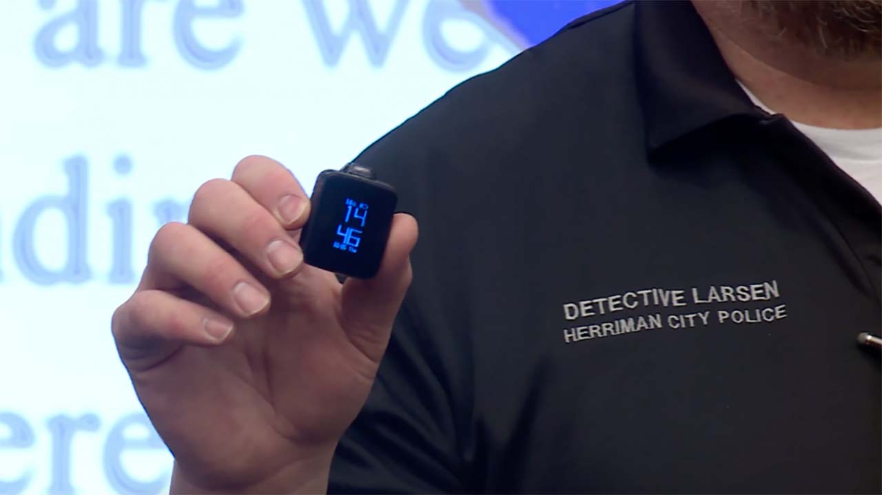 Det. Larsen holds up a watch that can also be used as a vaping device Monday, Feb. 10, 2020. Photo: KSL TV